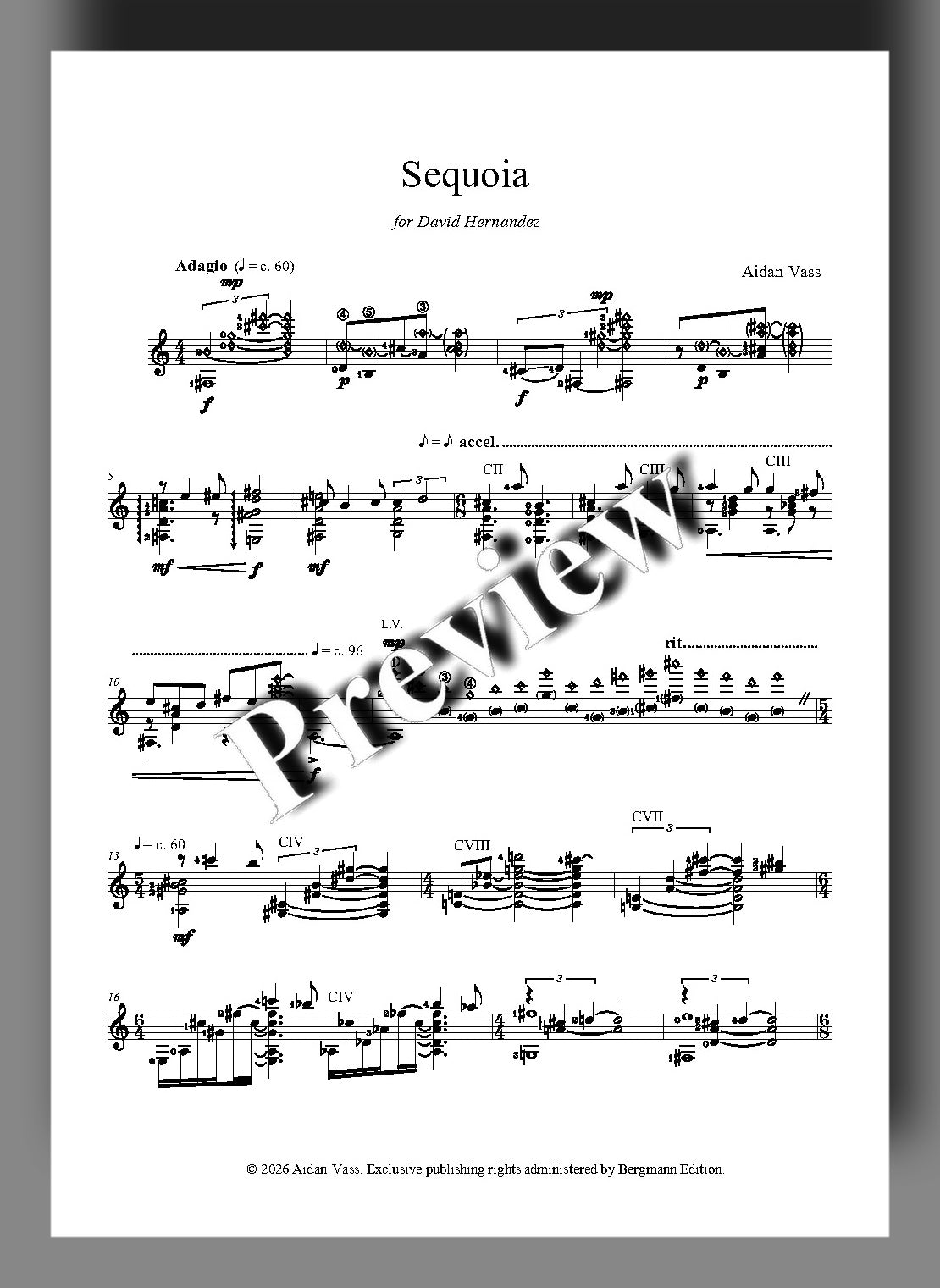 Sheet music for 'Sequoia' by Aidan Vass with a 'Preview' watermark.