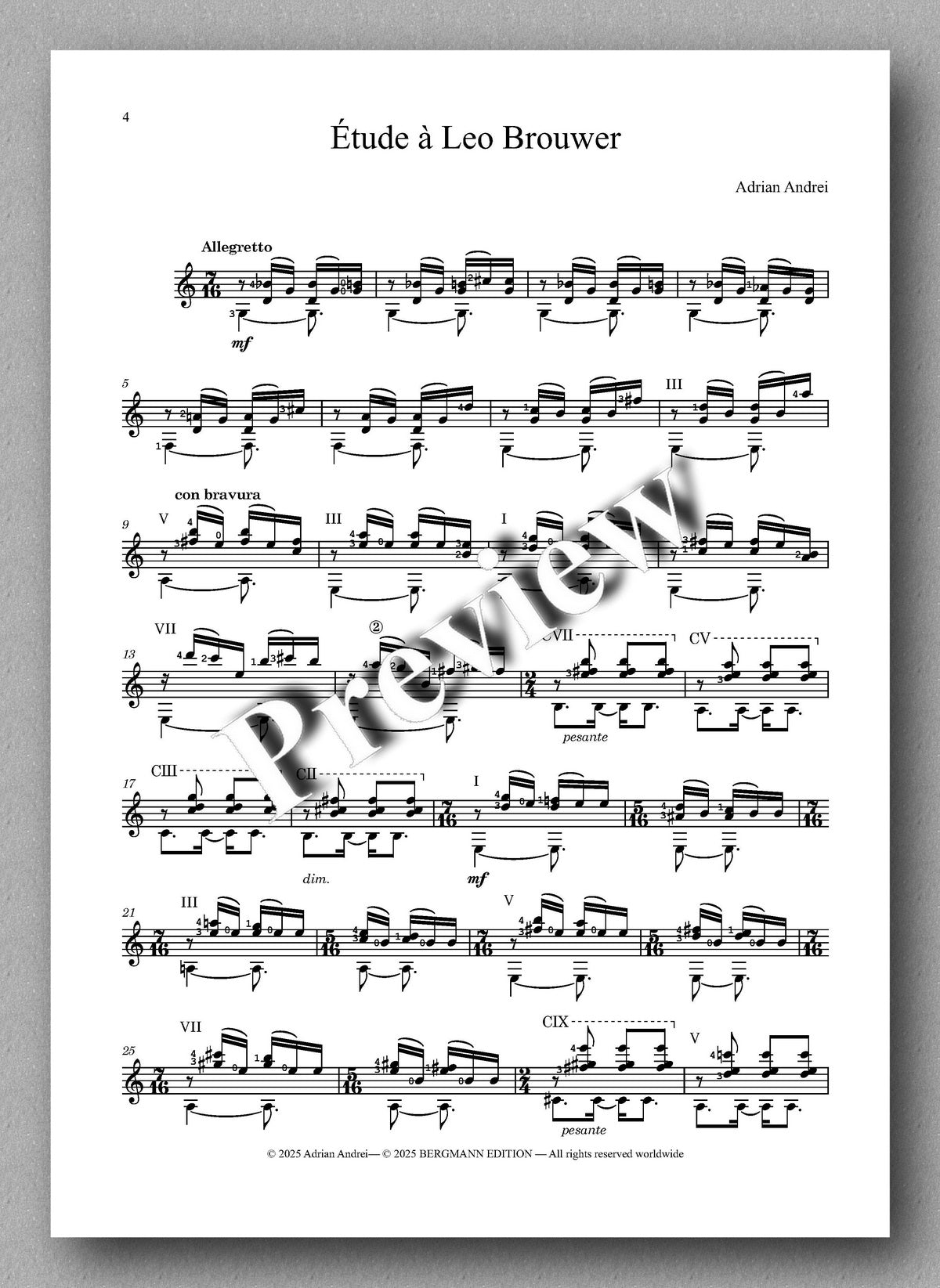 Adrian Andrei, Étude à Leo Brouwer - preview of the Music score