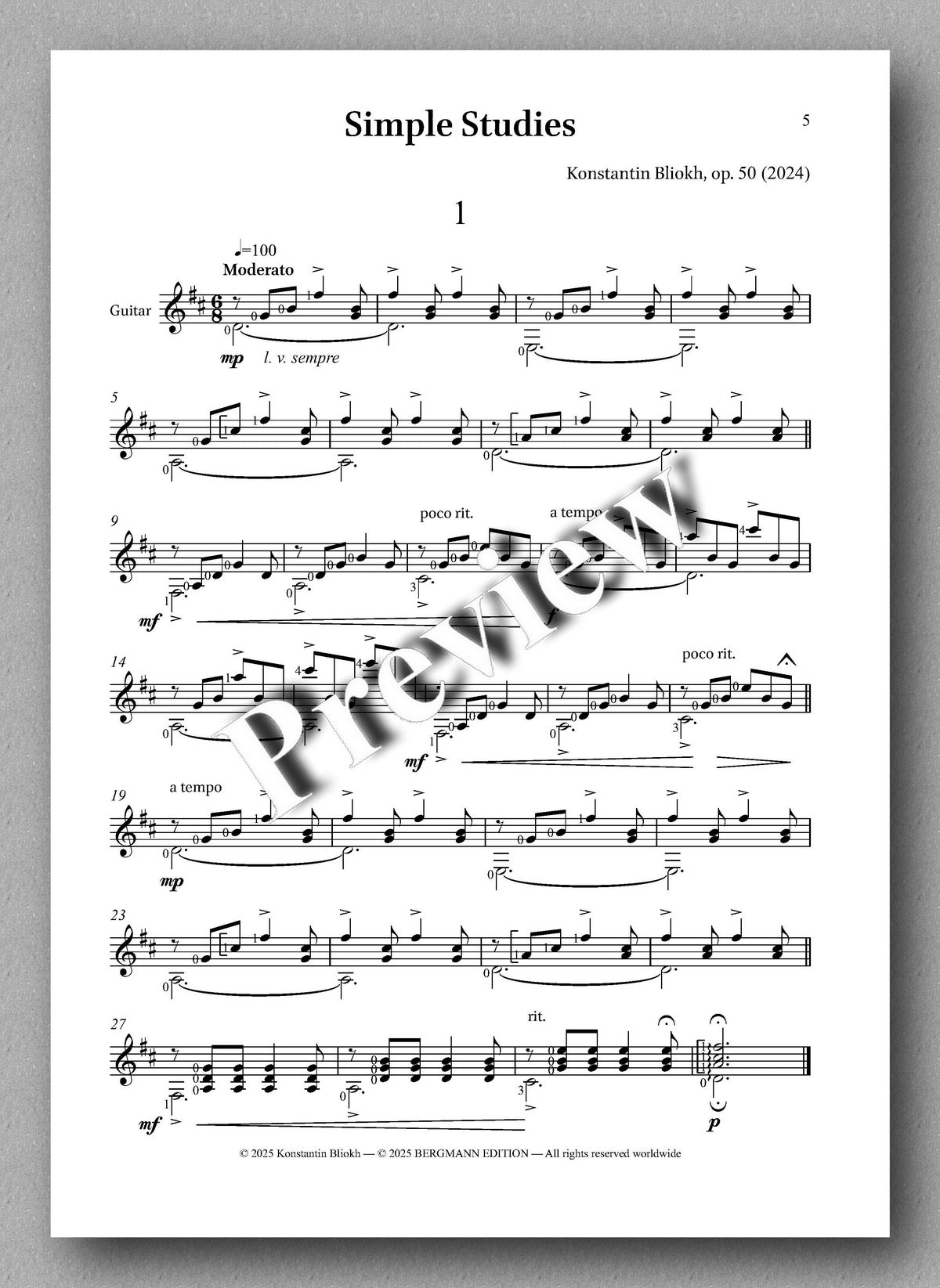 Sheet music for 'Simple Studies' by Konstantin Blinik, op. 50, with a watermark on a gray background.