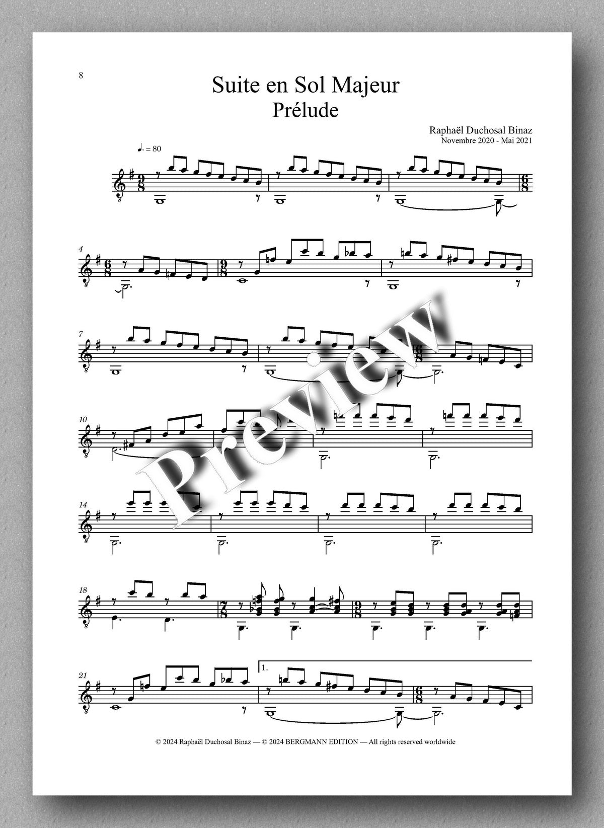 Suite en Sol Majeur, by Raphaël Duchosal Binaz - preview of the music score 1