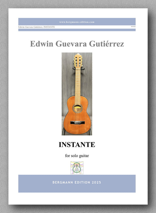 Music sheet cover for 'Instante' by Edwin Guevara Gutierrez with a guitar image on a gray background