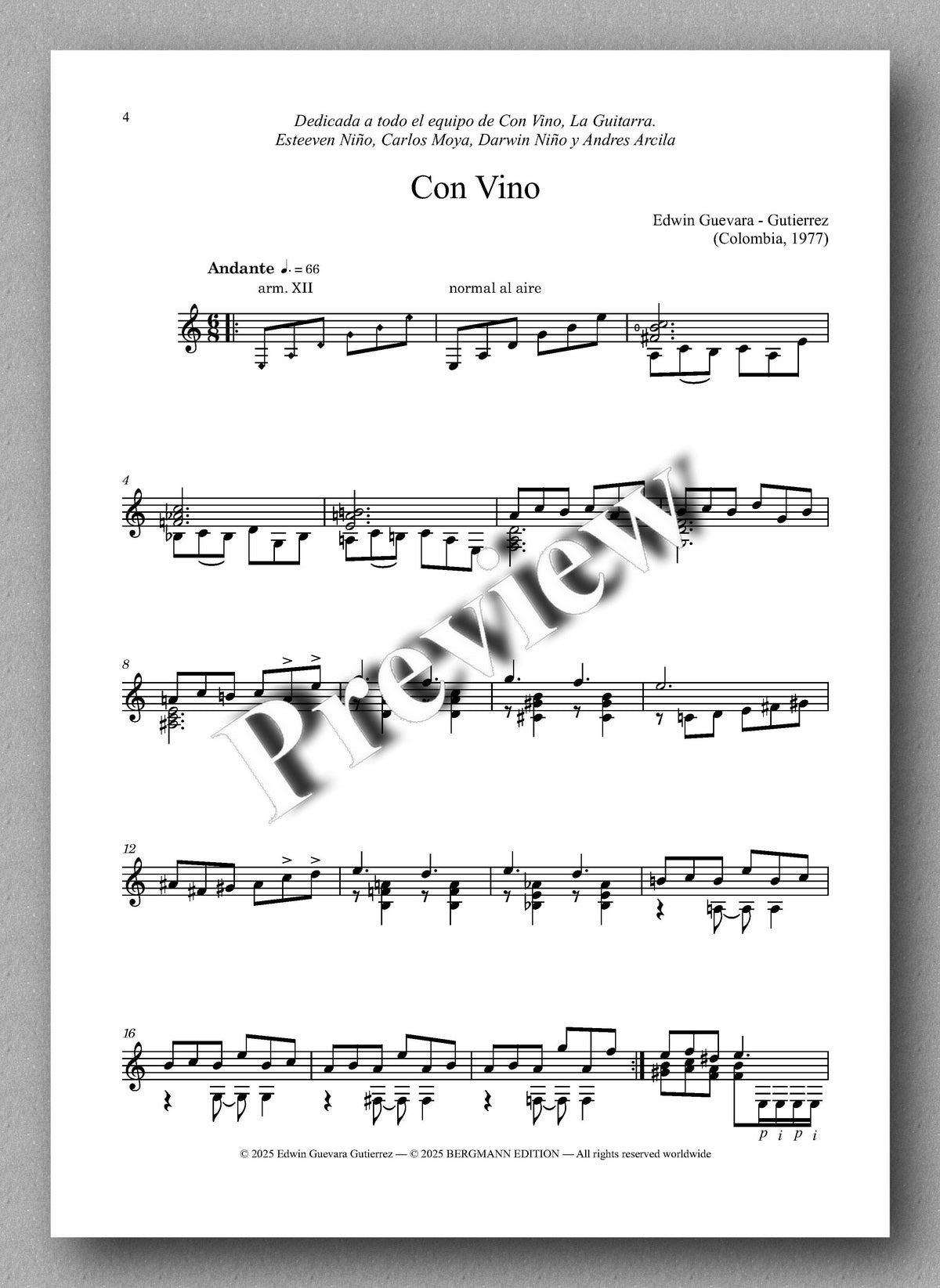 Sheet music for 'Con Vino' by Edwin Gutierrez on a light gray background
