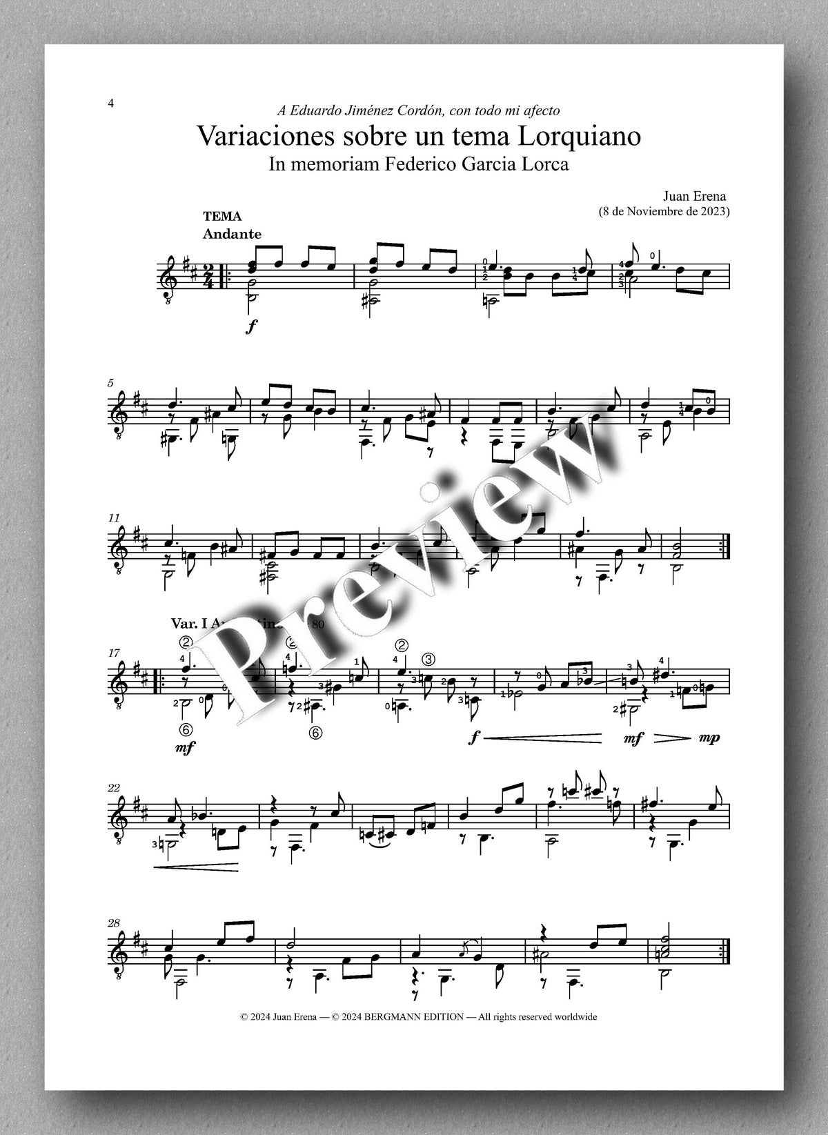 Juan Erena, Variaciones sobre un tema Lorquiano - preview of the music score 1