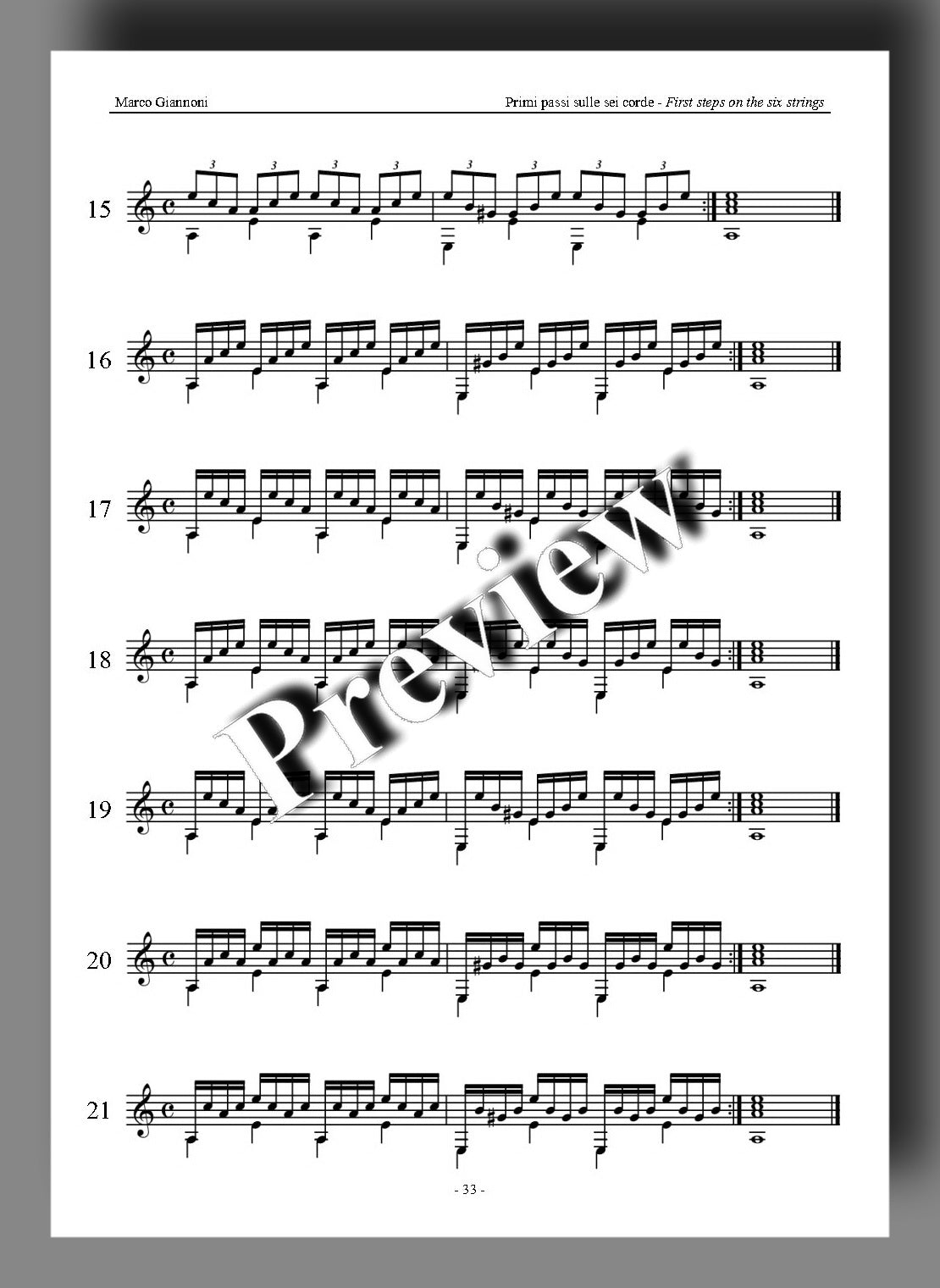 A sheet music page containing arpeggios, displayed on a white page with a grey background and a diagonal 'preview' watermark.