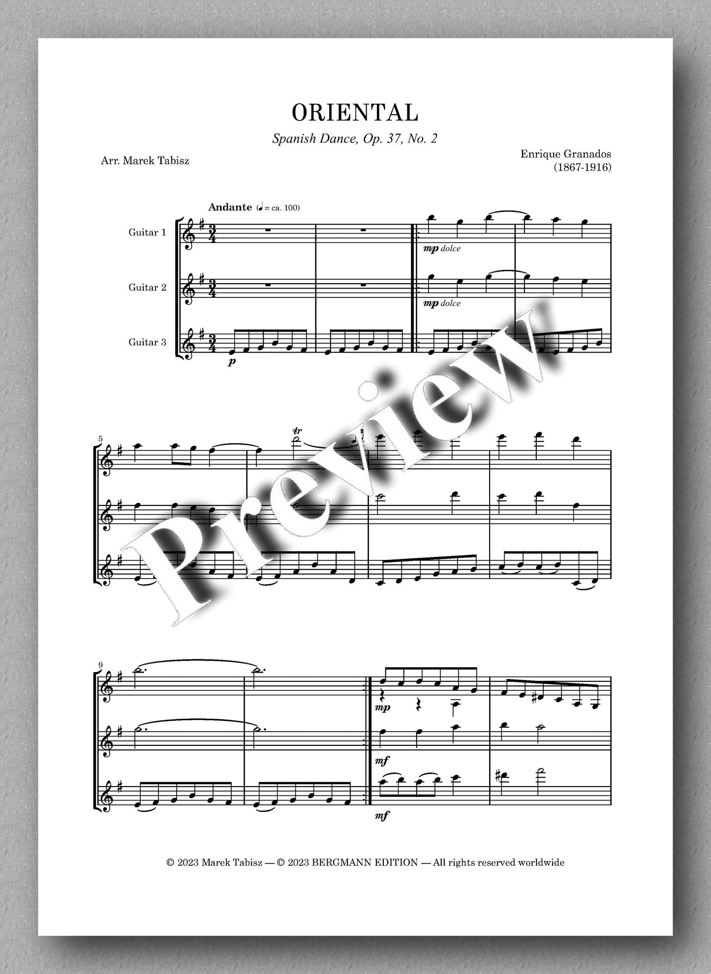 Enrique Granados, ORIENTAL, No. 2, from „Danzas Epañolas” Op. 37, preview of the music score 1