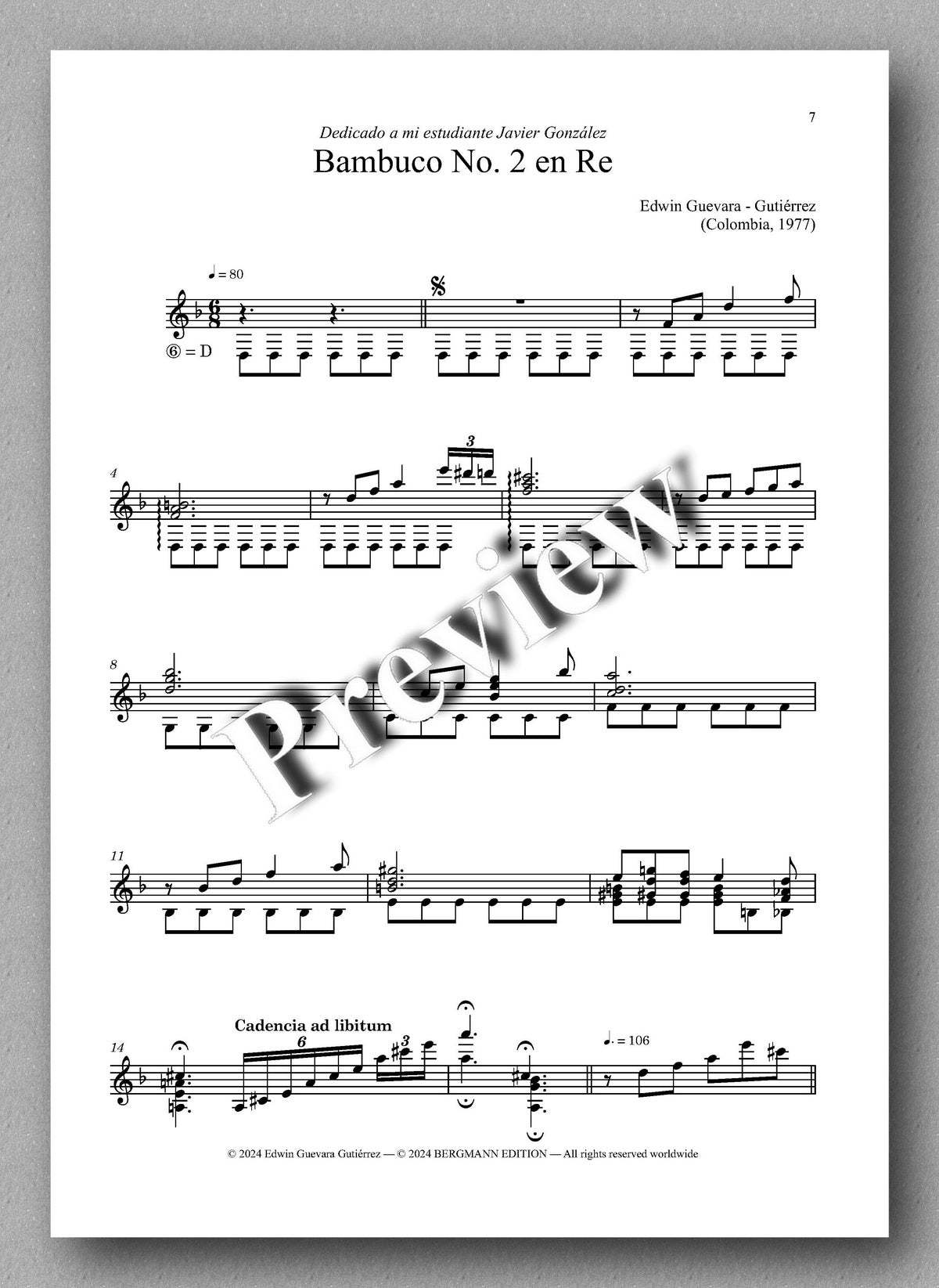 Bambuco No. 1 and 2 by Edwin Guevara Gutiérrez - preview of the music score 2