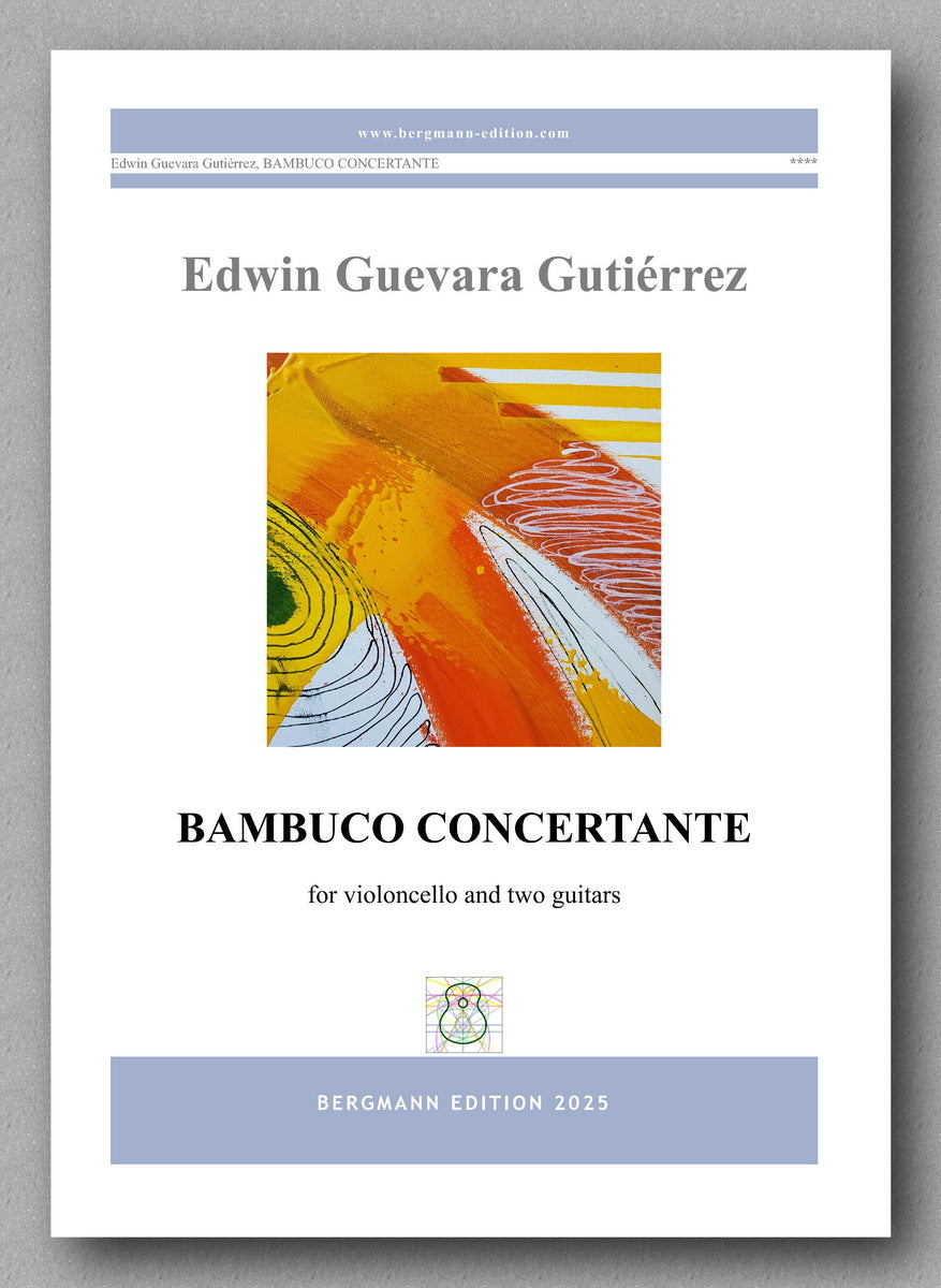 Sheet music cover for 'Bambuco Concertante' by Edwin Guevara Gutierrez with a colorful abstract design.