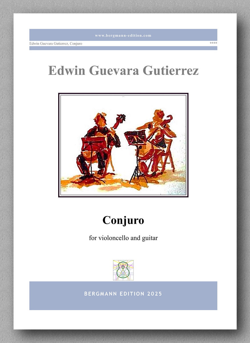 Music sheet cover for 'Conjuro' by Edwin Guevara Gutierrez featuring an illustration of two musicians playing violoncello and guitar.