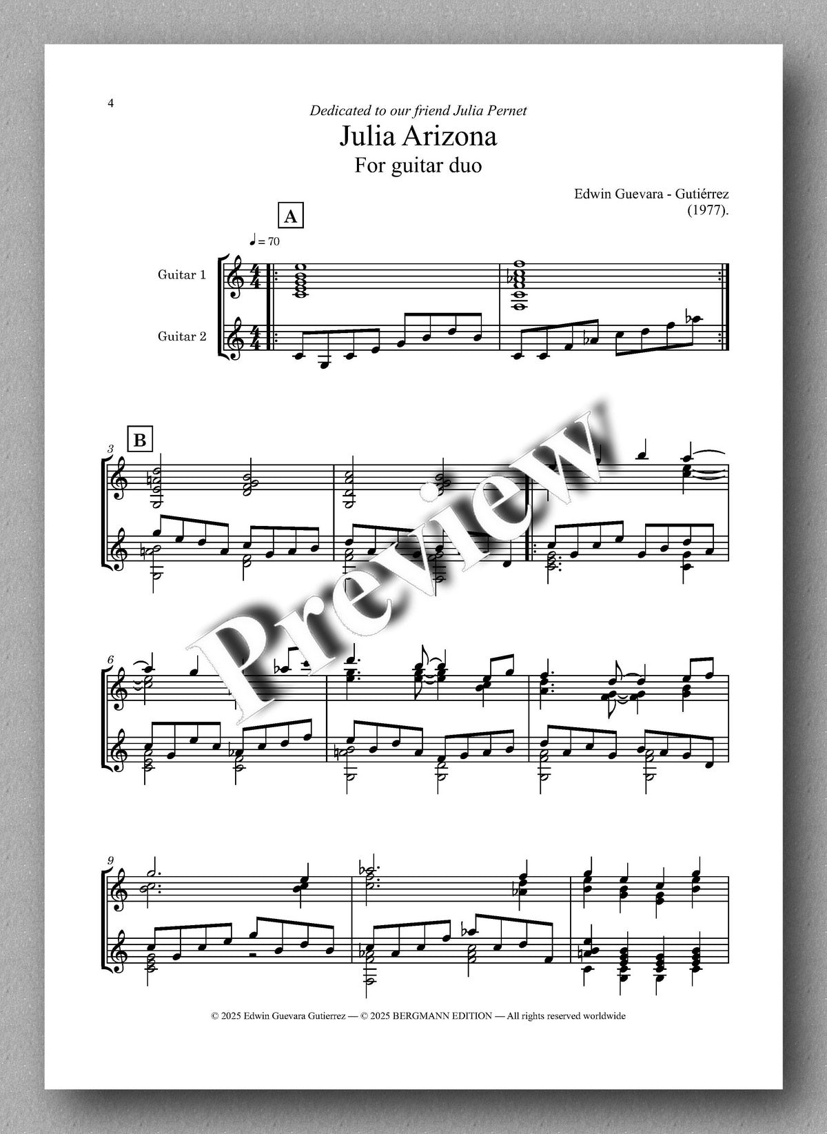 Sheet music for a guitar duo piece titled 'Julia Arizona' by Edwin Garvato e Guerreiro on a white background.