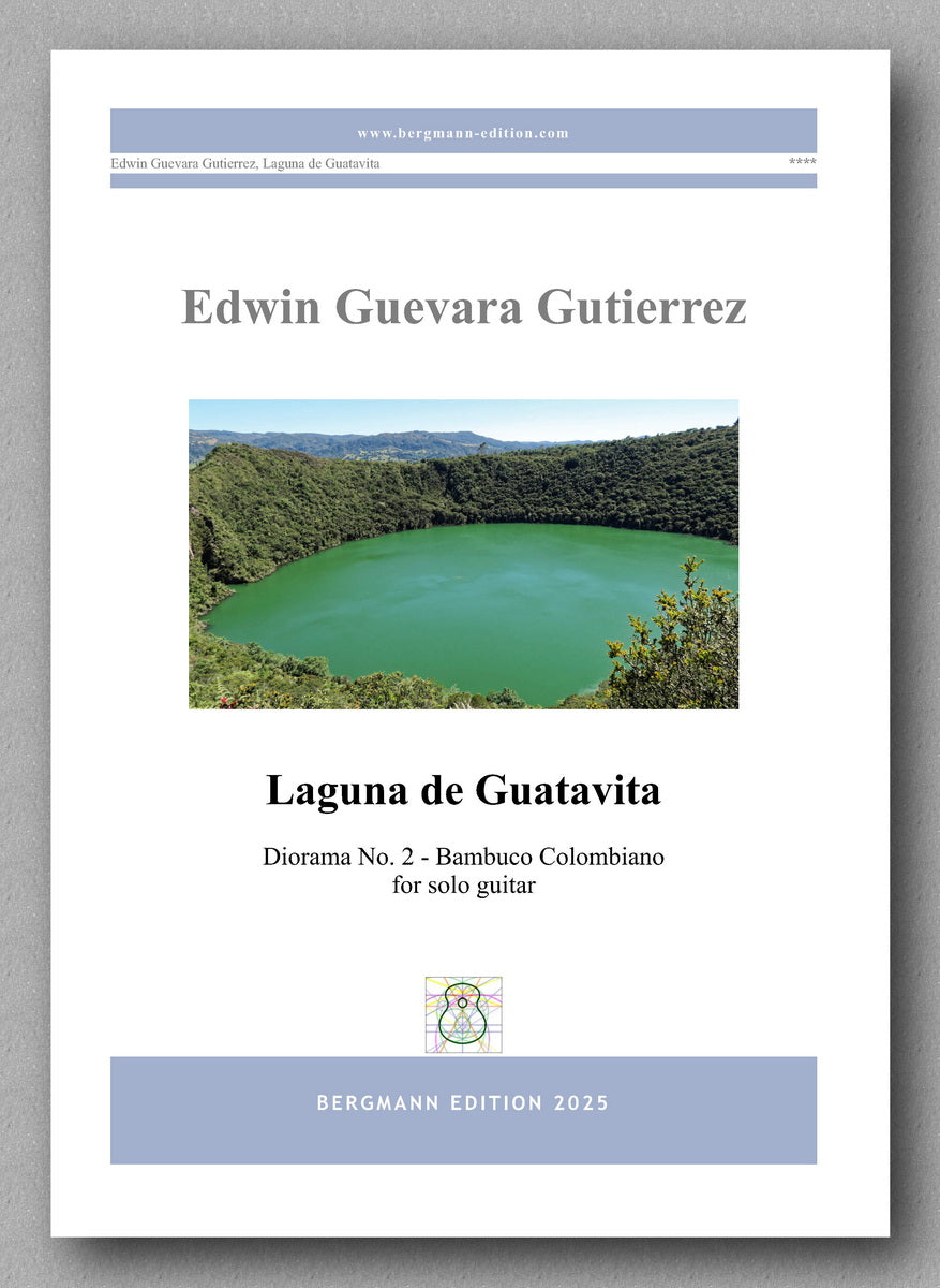 Music sheet cover for 'Laguna de Guatavita' by Edwin Guevara Gutierrez with a scenic image of a lake.