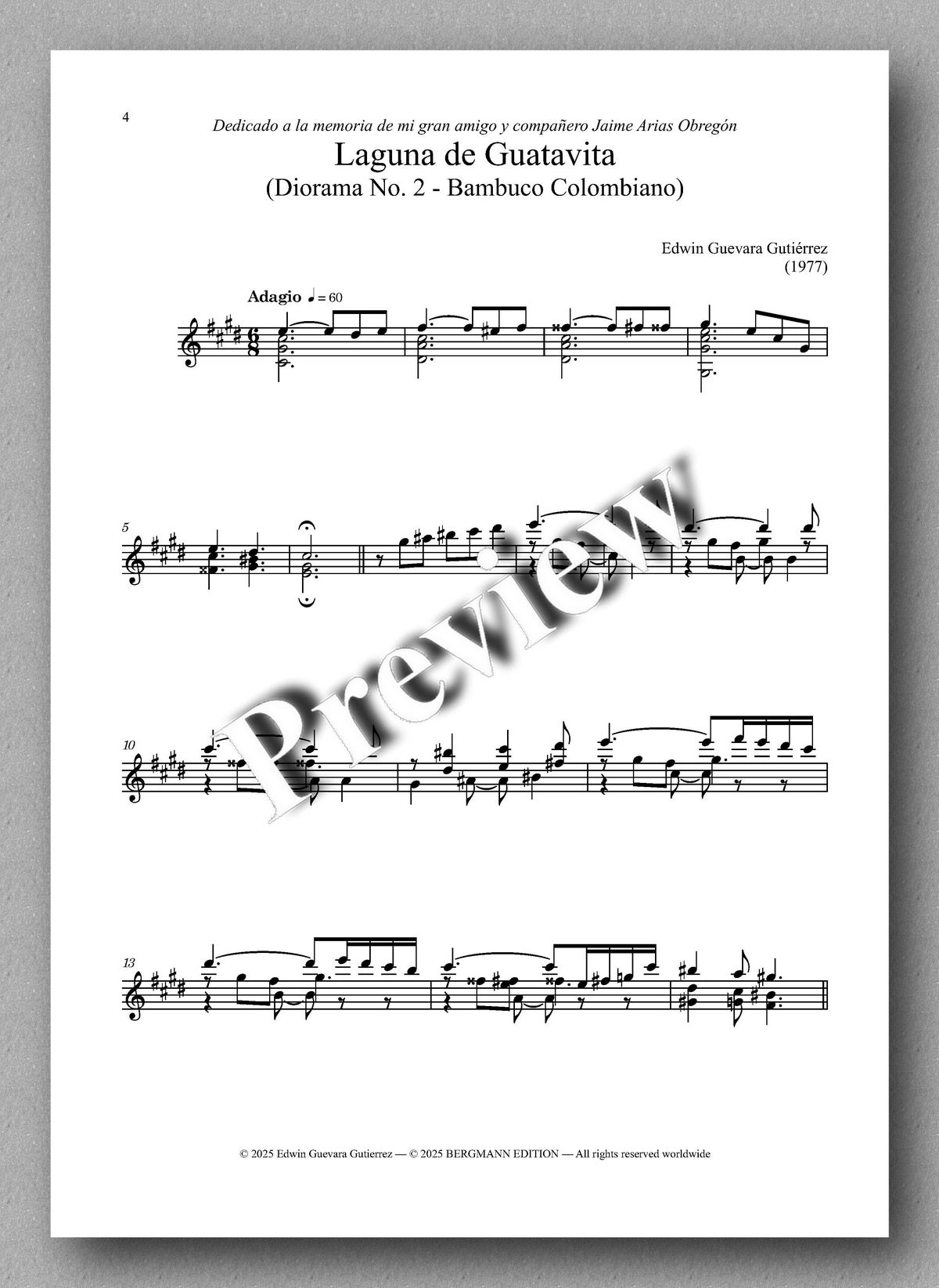 Sheet music for 'Laguna de Guatavita' with decorative text overlay