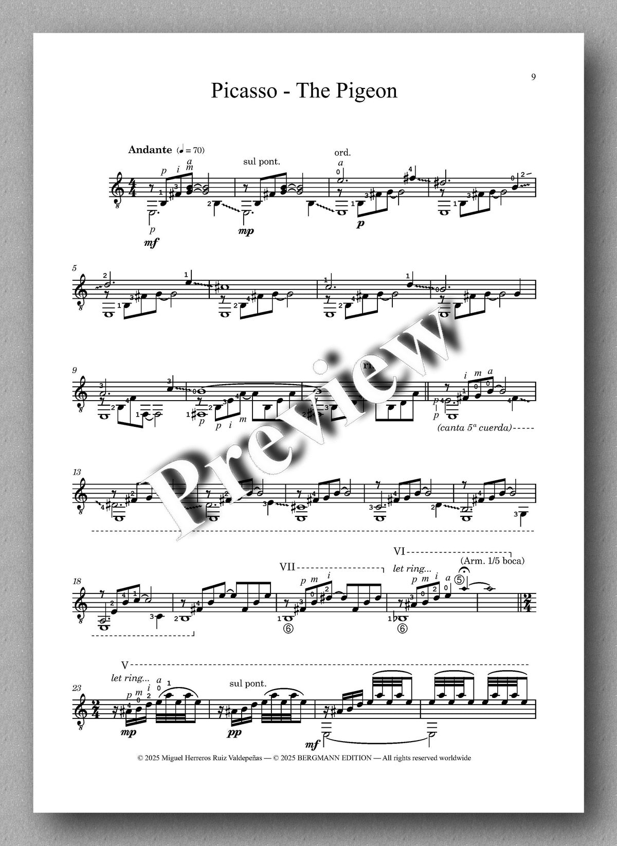 Sheet music for 'The Pigeon' by Picasso with a watermark overlay