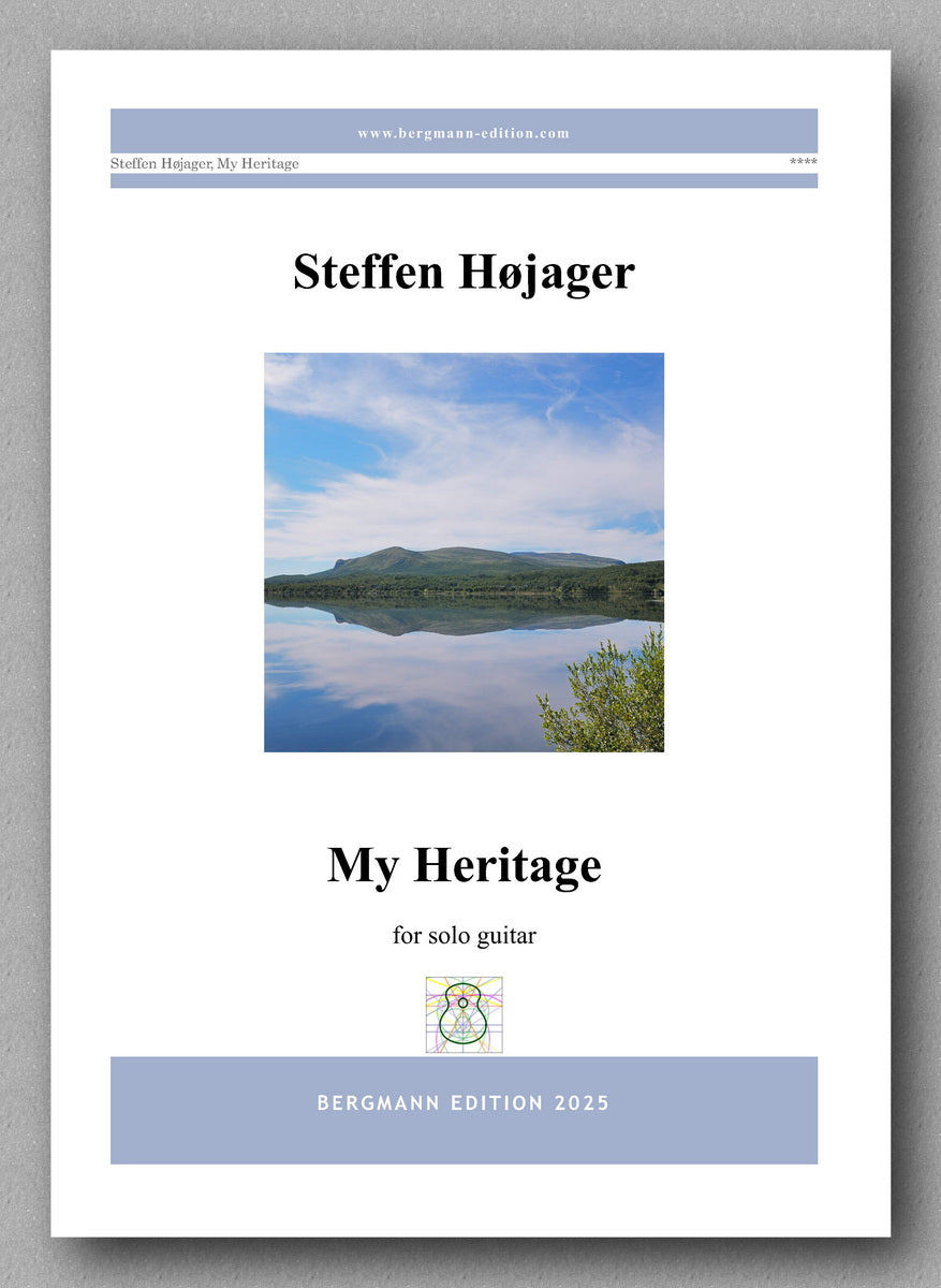 Music sheet cover for 'My Heritage' by Steffen Hojager with a scenic image of a lake on a gray background
