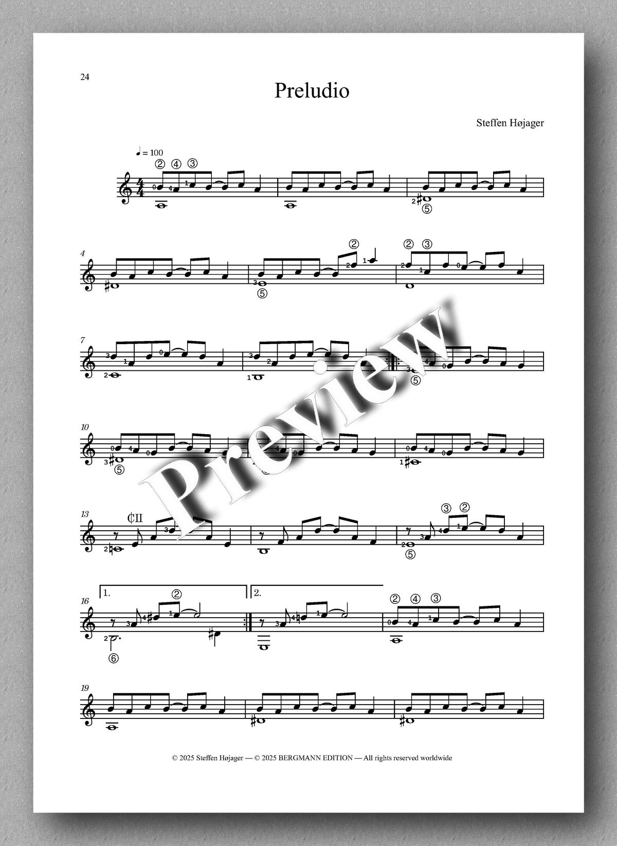 Sheet music for 'Preludio' by Stefan Bajager with a 'Preview' watermark on a gray background.