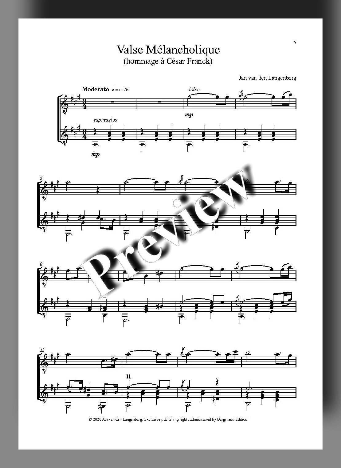 A sheet music page for 'Valse Mélancholique' by Jan van den Langenberg, featuring printed musical notation on a white page with a large diagonal 'Preview' watermark overlay.