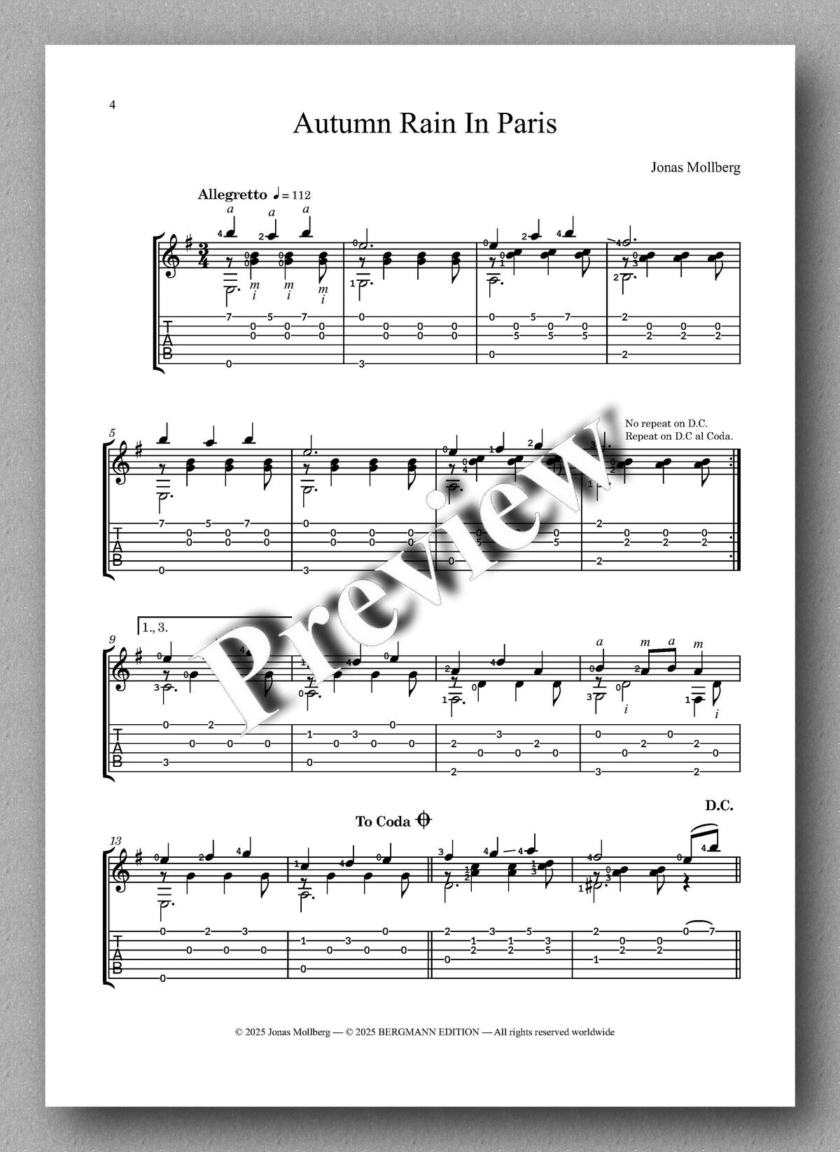 Jonas Mollberg, Autumn Rain In Paris (TAB) - preview of the music score