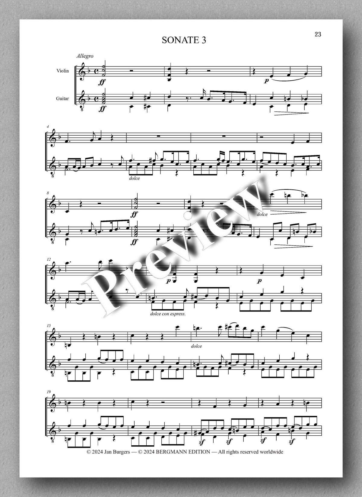 Francesco Molino, Three Sonates for Violin and Guitar (Opus 2L) - preview of the music score 3