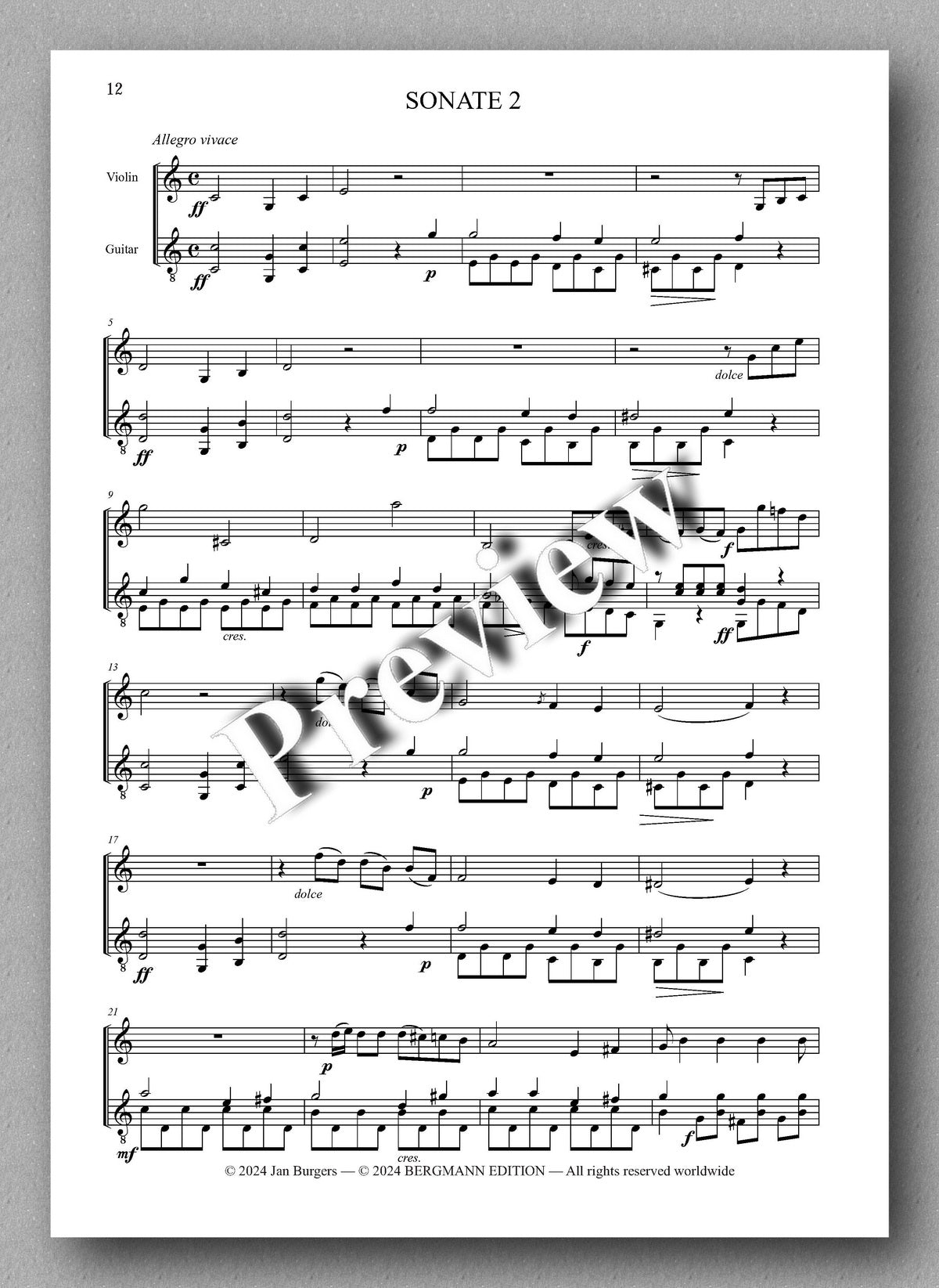 Francesco Molino, Three Sonates for Violin and Guitar (Opus 2L) - preview of the music score 2