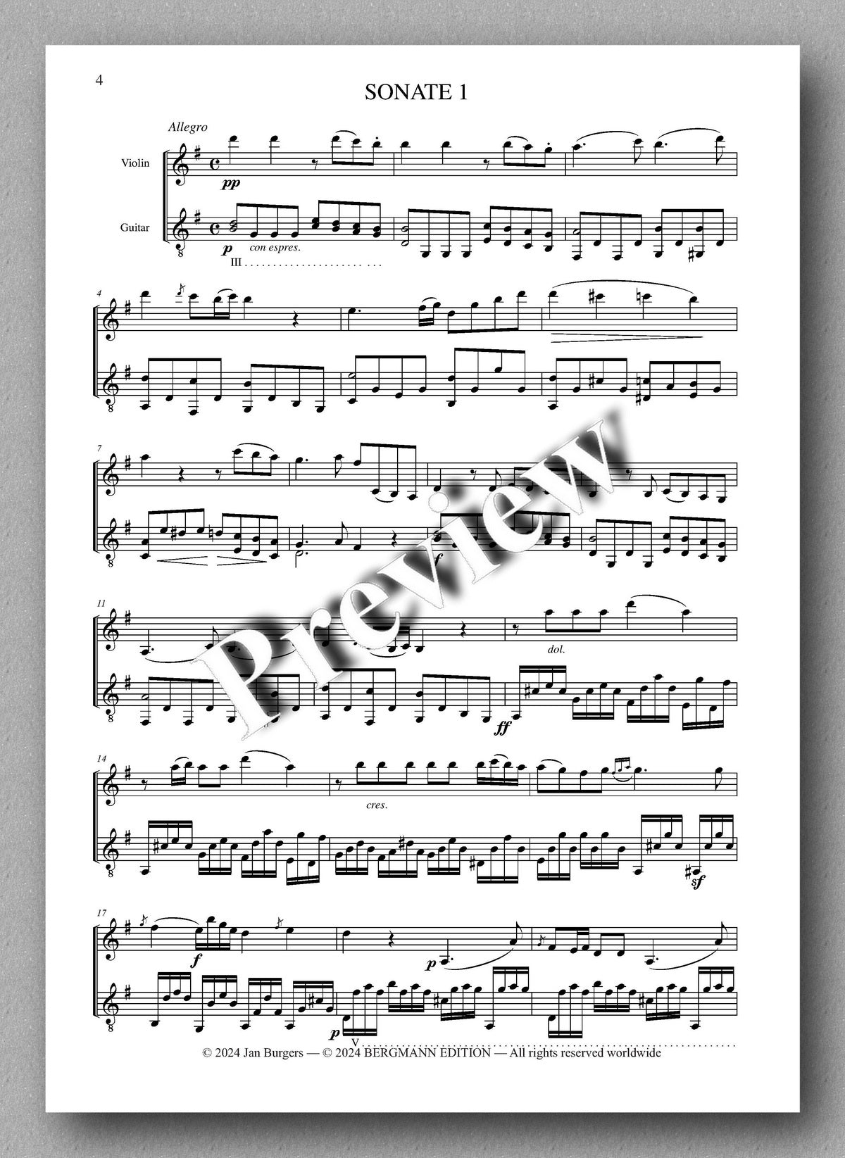Francesco Molino, Three Sonatas for Violin and Guitar (Opus 2P) - preview of the music score 1