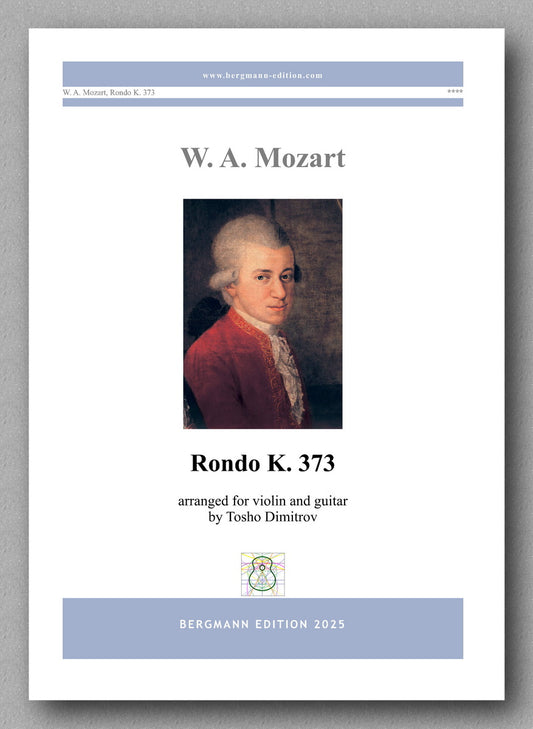Sheet music cover for W. A. Mozart's Rondo K. 373 arranged for violin and guitar, featuring a portrait of Mozart.