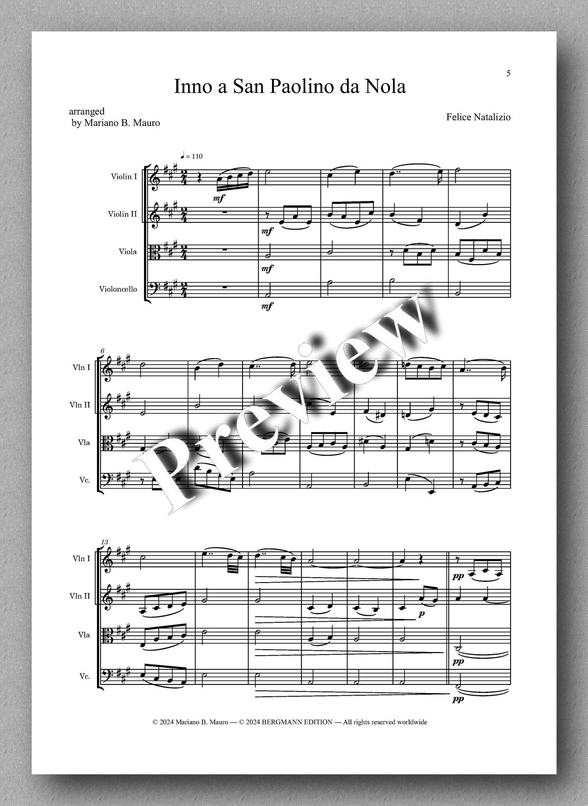 Felice Natalizio, Inno a San Paolino da Nola - preview of the music score