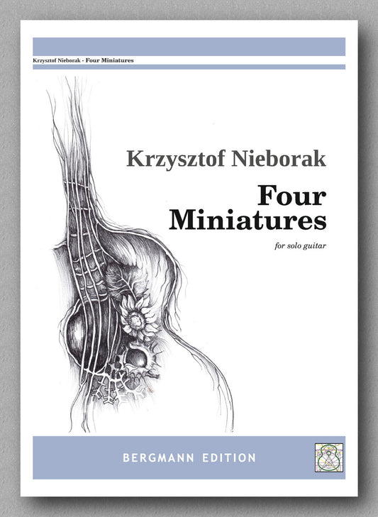 Music sheet cover for 'Four Miniatures' by Krzysztof Nieborak with a guitar illustration on a white background.