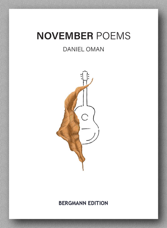 Book cover of 'November Poems' by Daniel Oman with a guitar and abstract figure illustration on a white background.