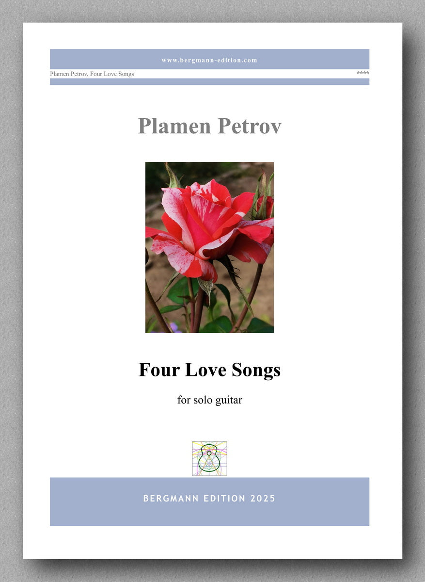 Sheet music cover for 'Four Love Songs' by Plamen Petrov with a rose image on a gray background