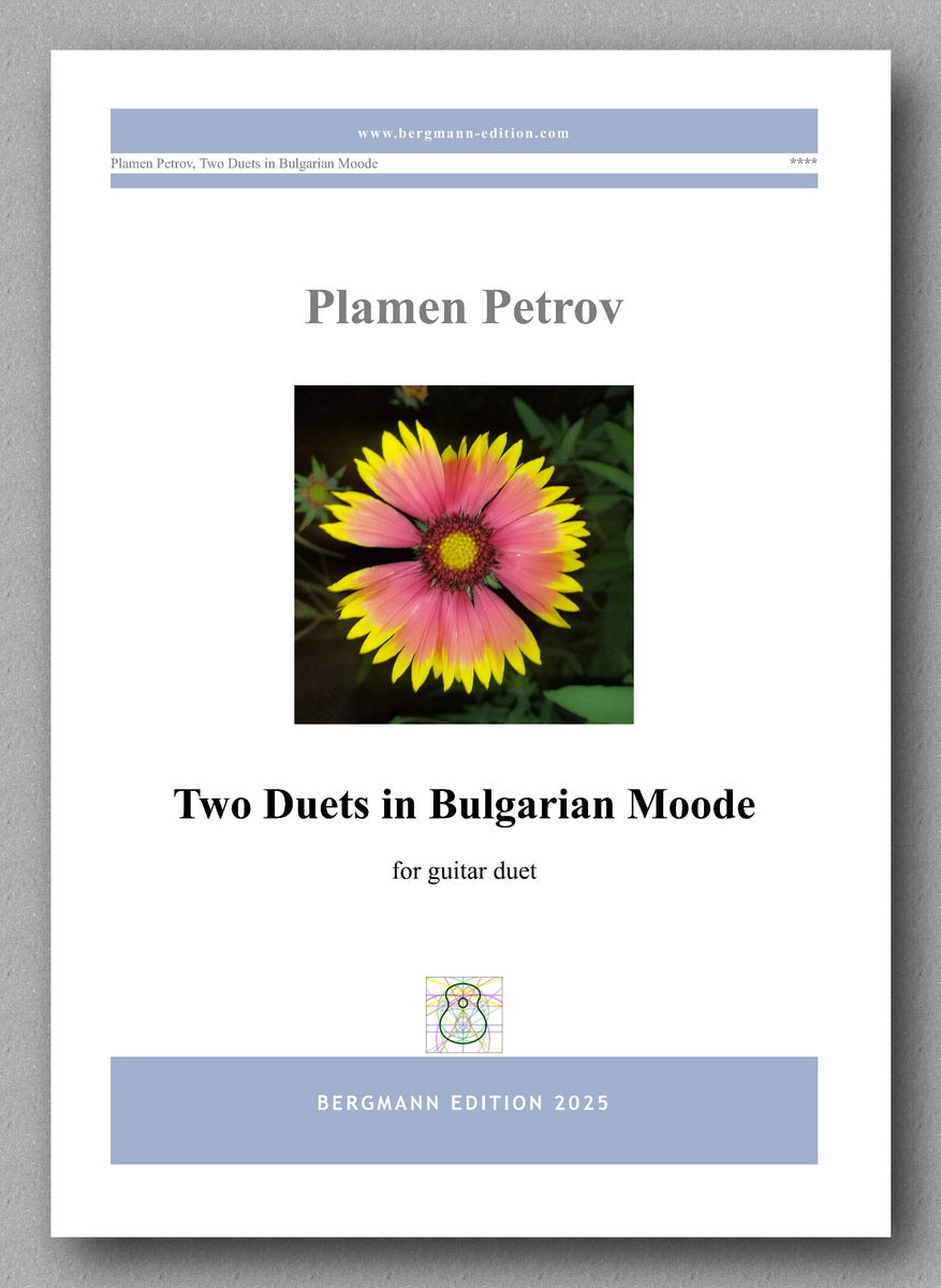 Sheet music cover for 'Two Duets in Bulgarian Moode' by Plamen Petrov with a flower image on a white background.