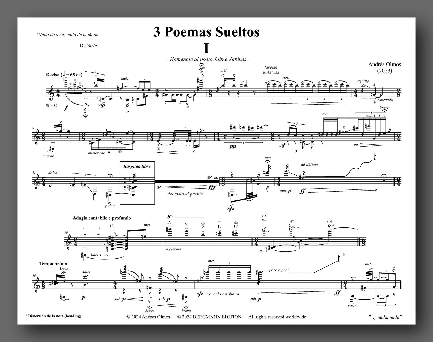Andrés Olmos, 3 Poemas Sueltos - previes of the music score