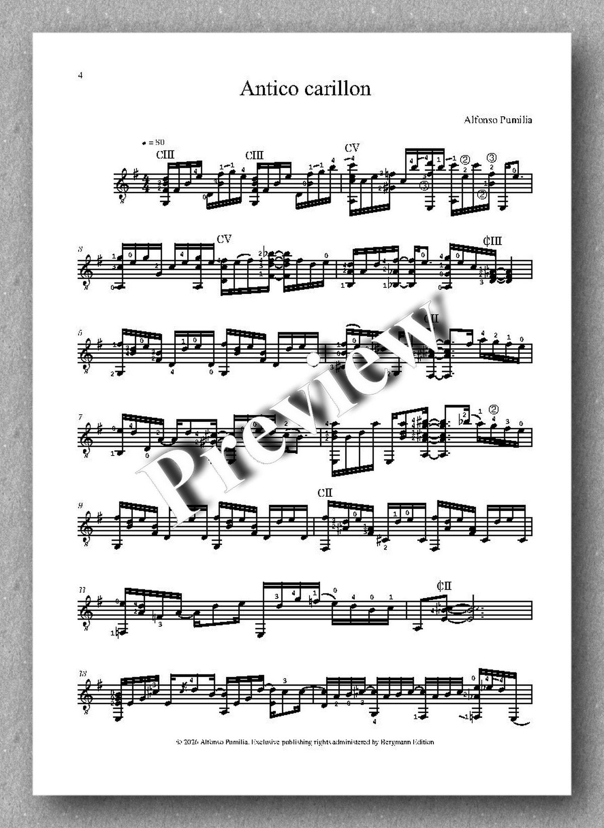 Sheet music for 'Antico carillon' by Alfonso Pumilla on a white background