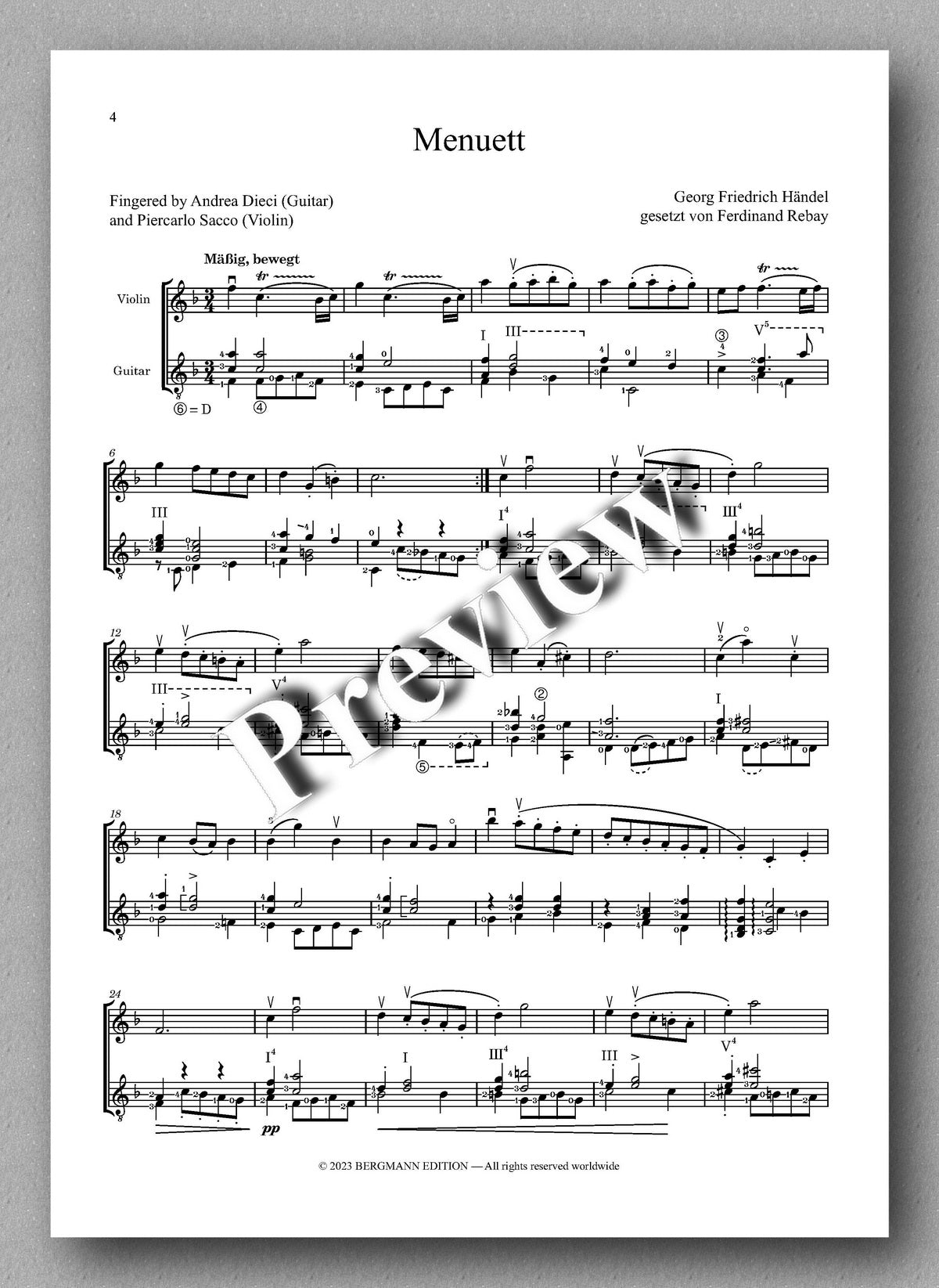 Ferdinand Rebay, Menuett by Händel - preview of the music score