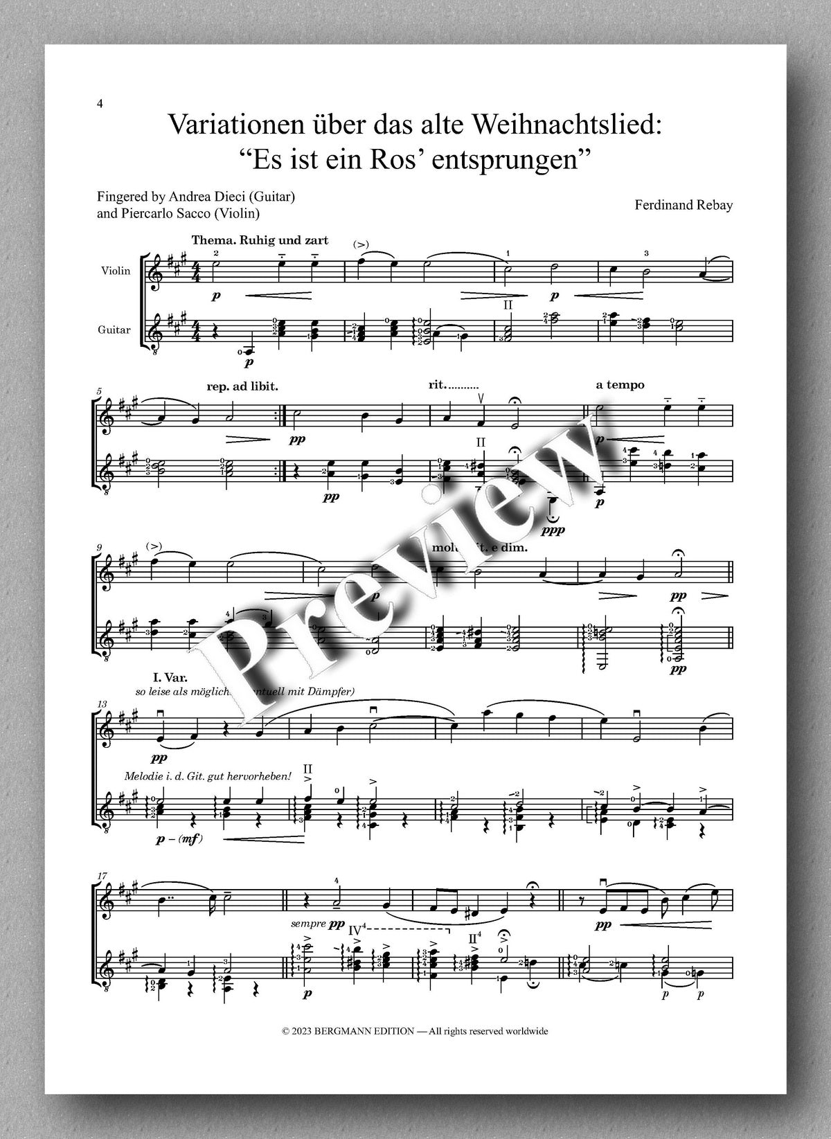 Ferdinand Rebay, Variationen über das alte Weihnachtslied: “Es ist ein Ros’ entsprungen” - preview of the music score 1