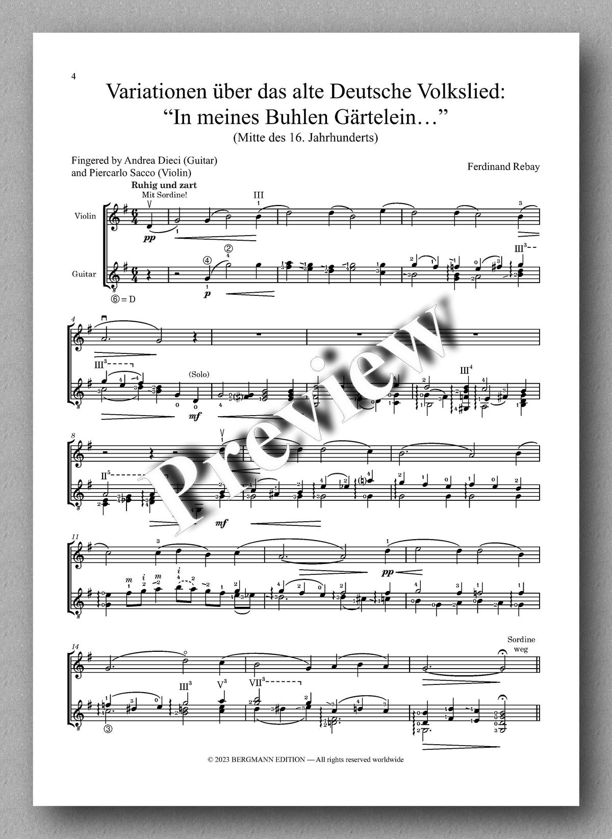 Ferdinand Rebay, Variationen über das alte Deutsche Volkslied: “In meines Buhlen Gärtelein…” - preview of the music score 1