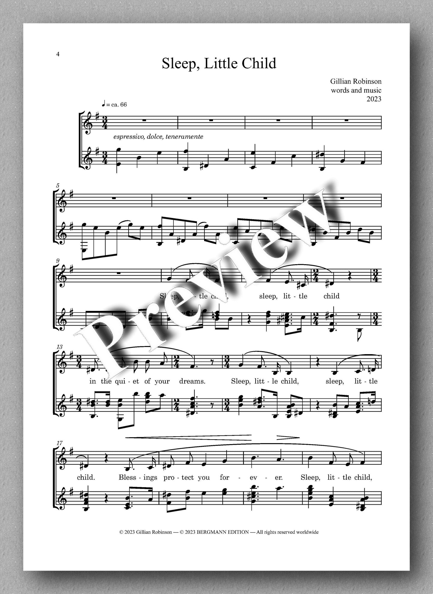 Sleep, Little Child, by Gillian Robinson - preview of the music score