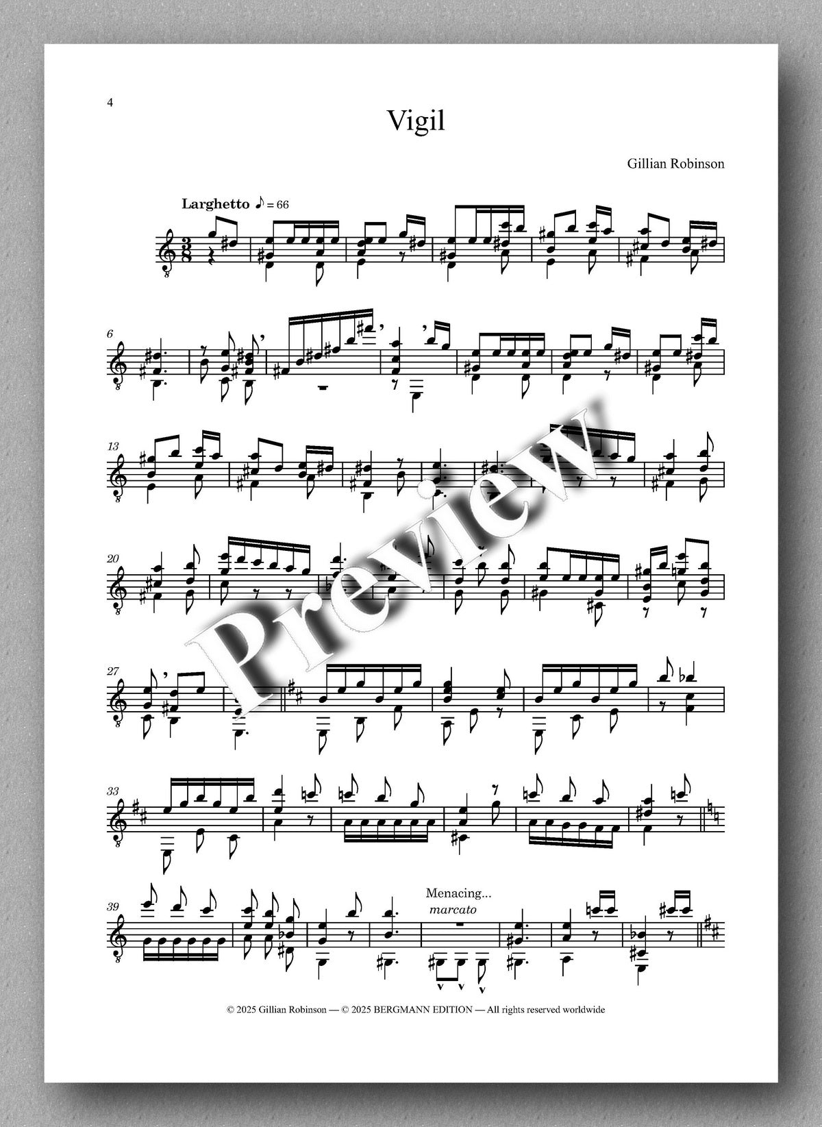 Vigil, by Gillian Robinson - preview of the Music score