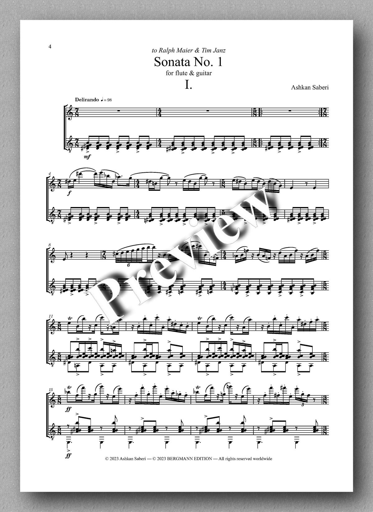 Ashkan Saberi, Sonata No. 1 - preview of the music score 1