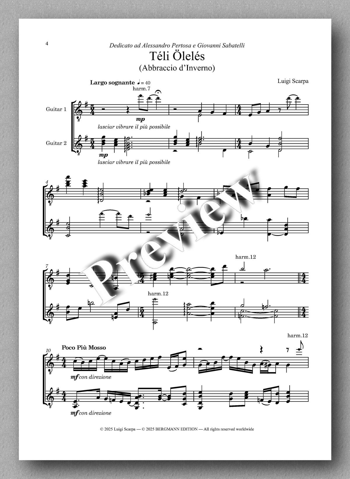 Luigi Scarpa, Téli Ölelés - preview of the music score