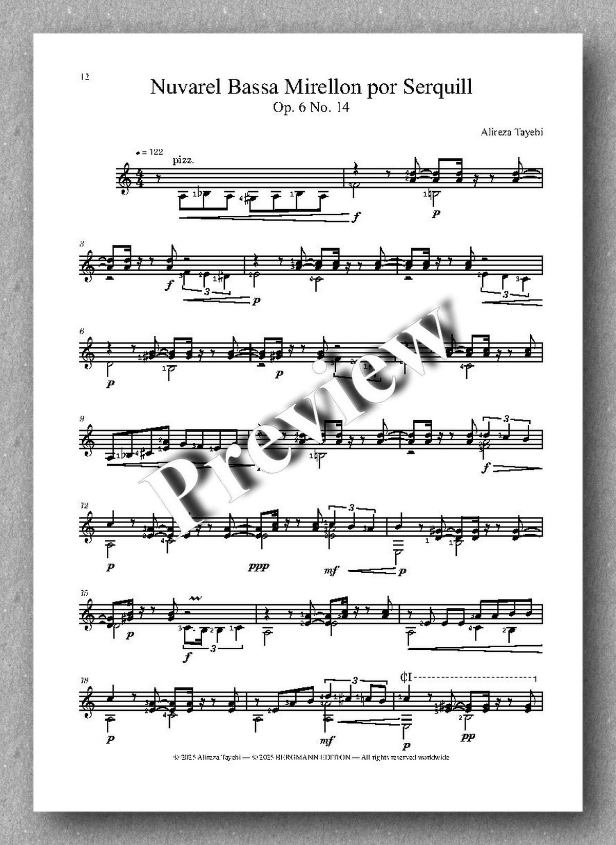 Sheet music for Nuvarel Bassa Mirellon by Alireza Tayebi on a grey background