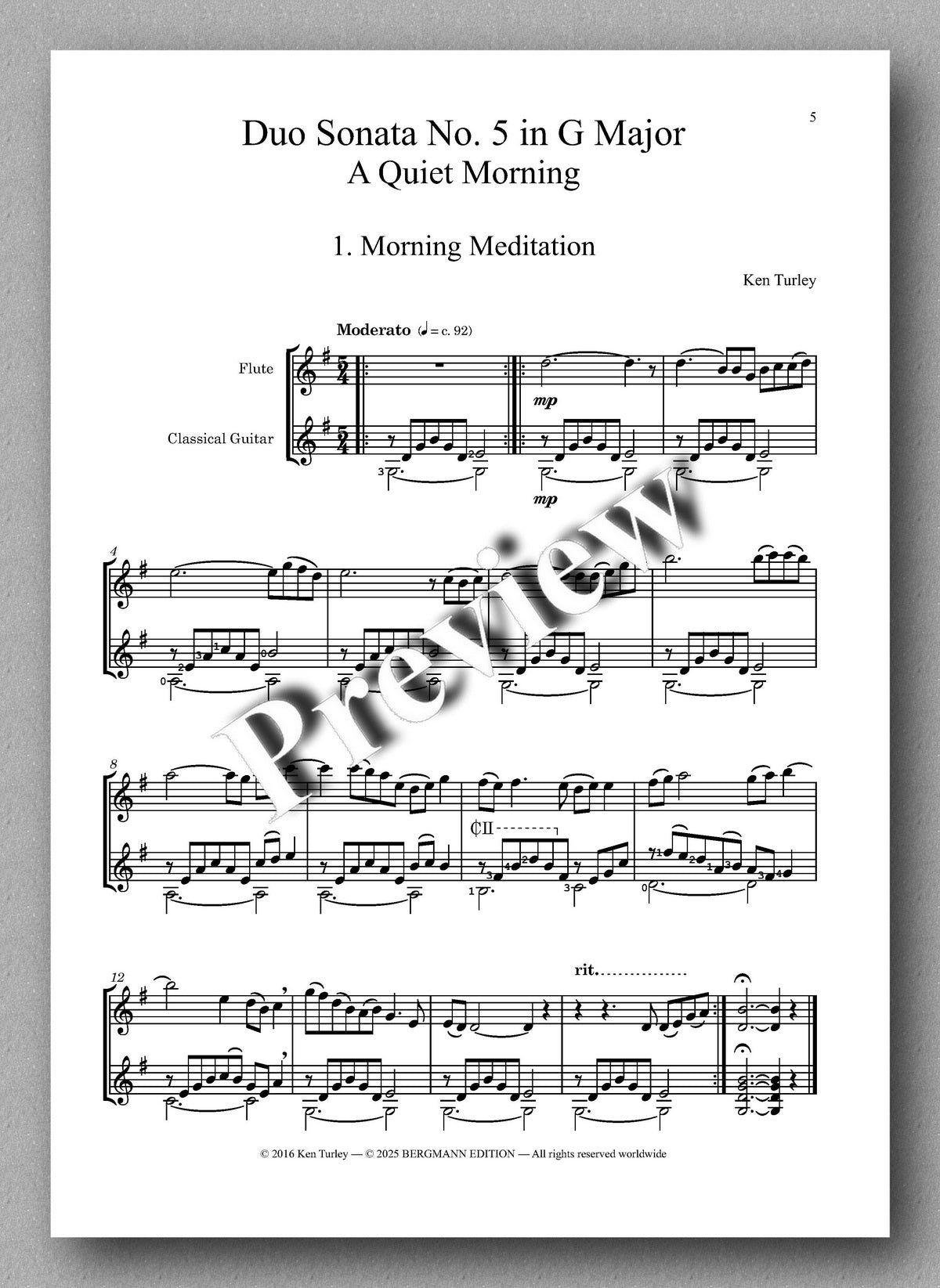Ken Turley, Duo Sonata No. 5 in G Major, A Quiet Morning - preview of the music score 1