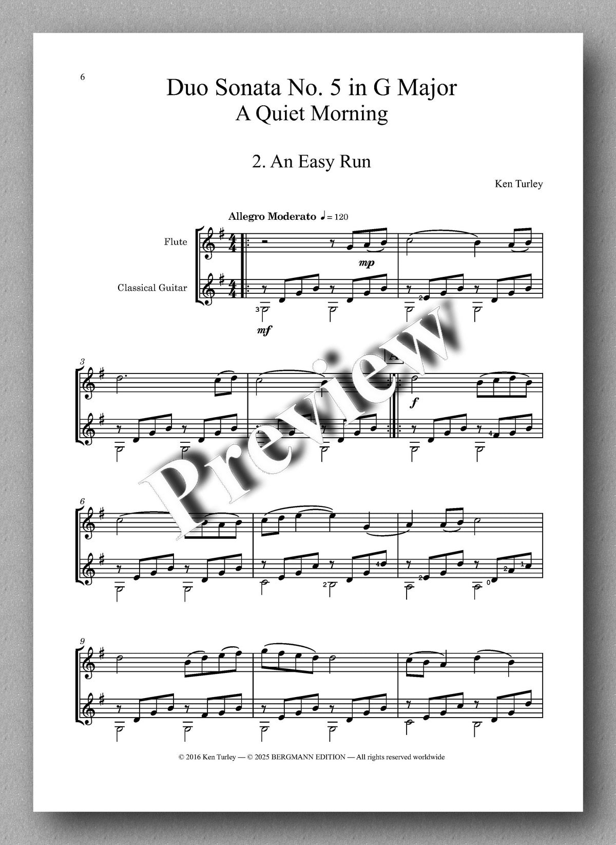 Ken Turley, Duo Sonata No. 5 in G Major, A Quiet Morning - preview of the music score 2
