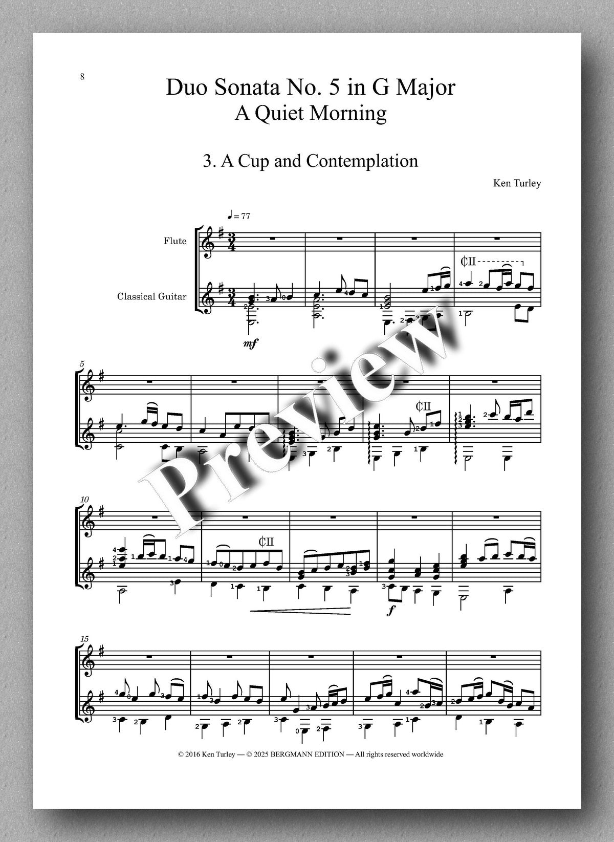 Ken Turley, Duo Sonata No. 5 in G Major, A Quiet Morning - preview of the music score 3