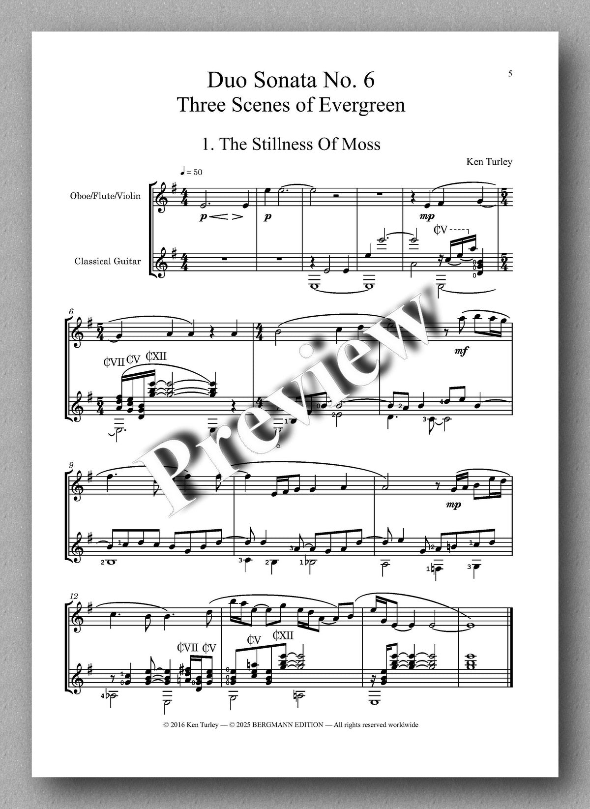 Ken Turley, Duo Sonata No. 6 in E-Minor
Three Scenes of Evergreen - preview of the music score 1