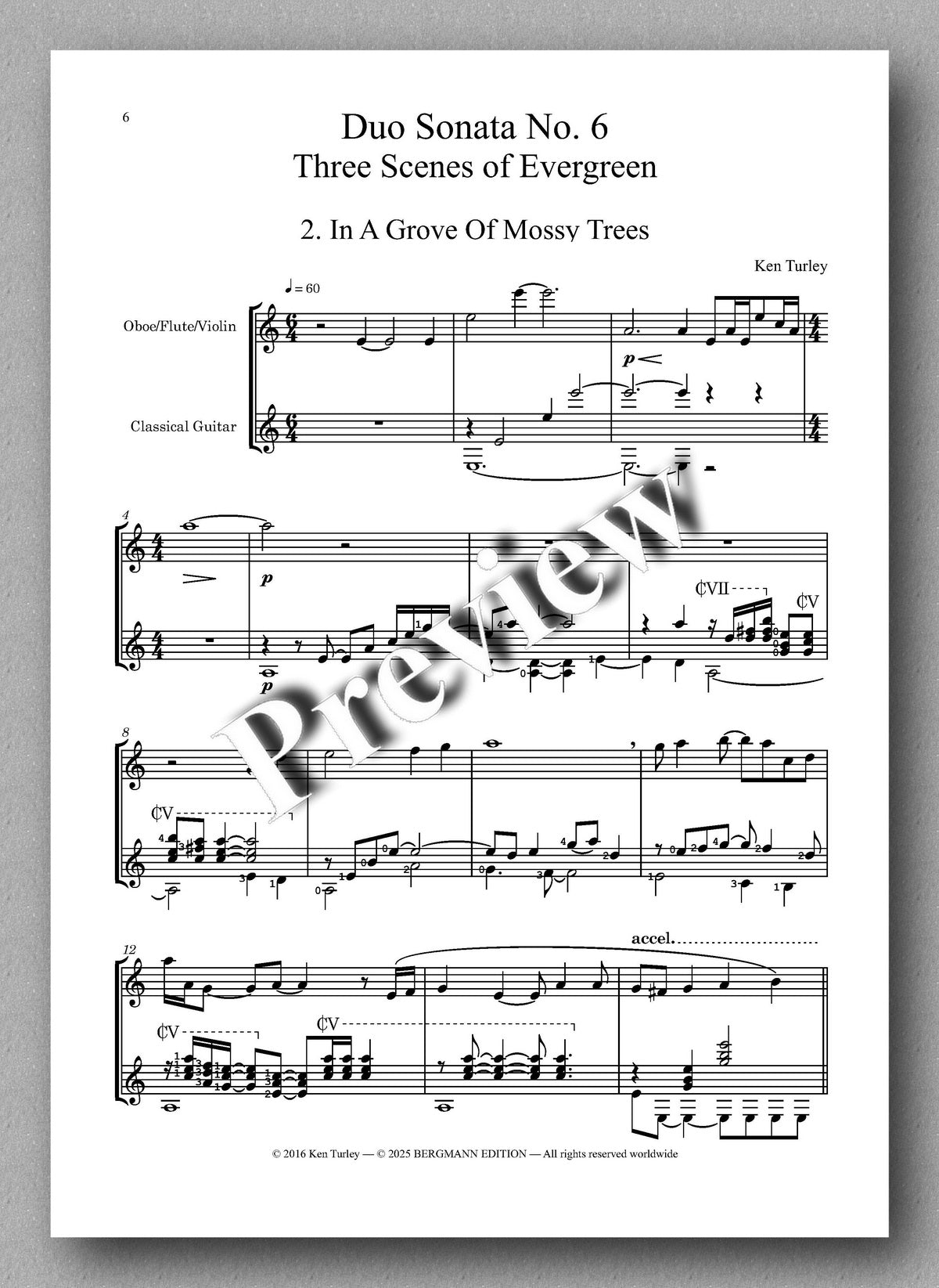 Ken Turley, Duo Sonata No. 6 in E-Minor
Three Scenes of Evergreen - preview of the music score 2