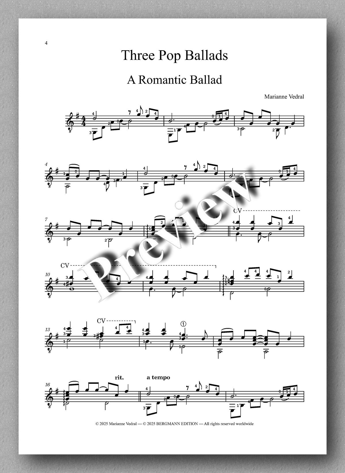 Marianne Vedral, Three Pop Ballads - preview of the music score 1