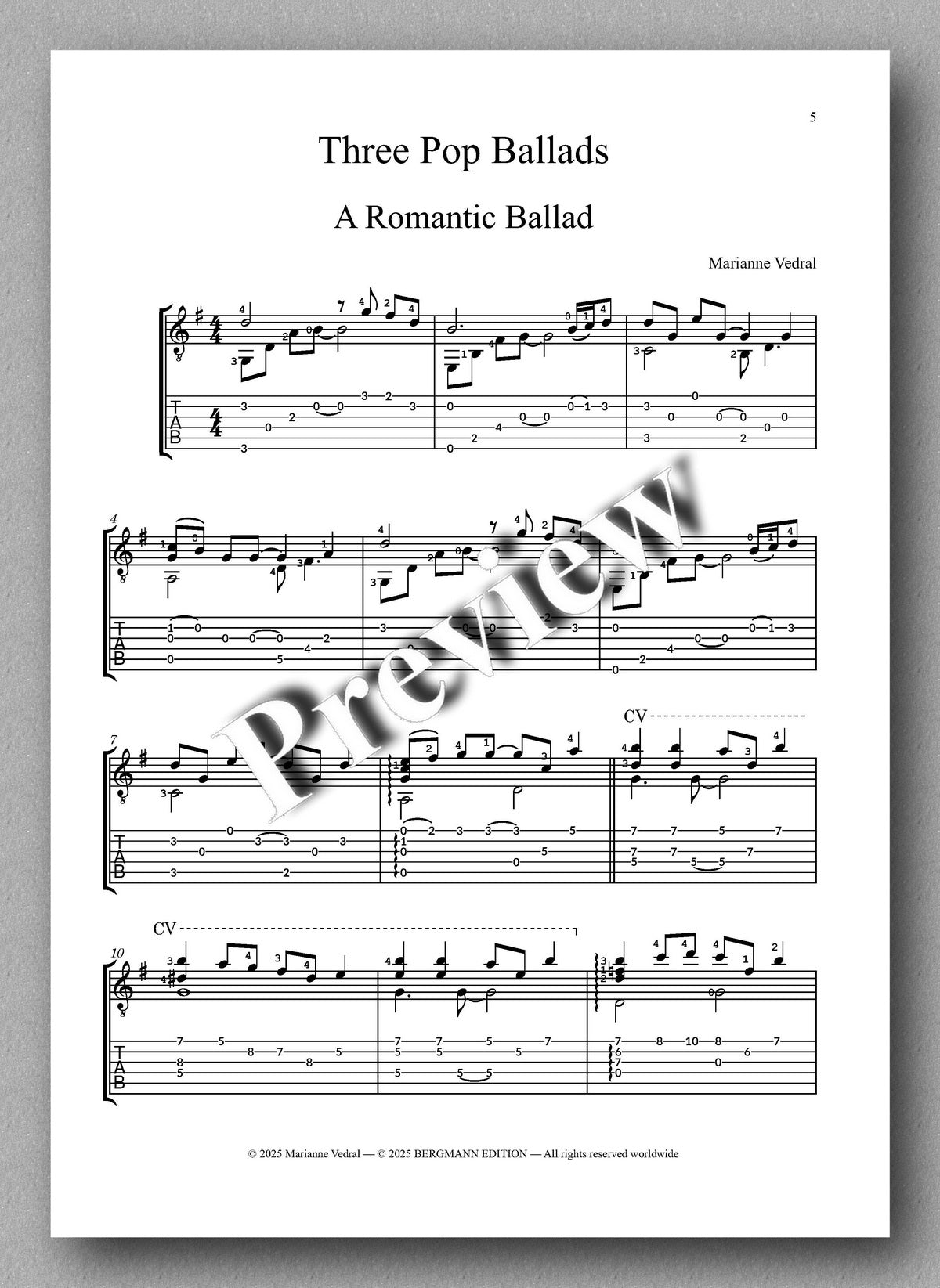 Marianne Vedral, Three Pop Ballads (TAB) - preview of the music score 1