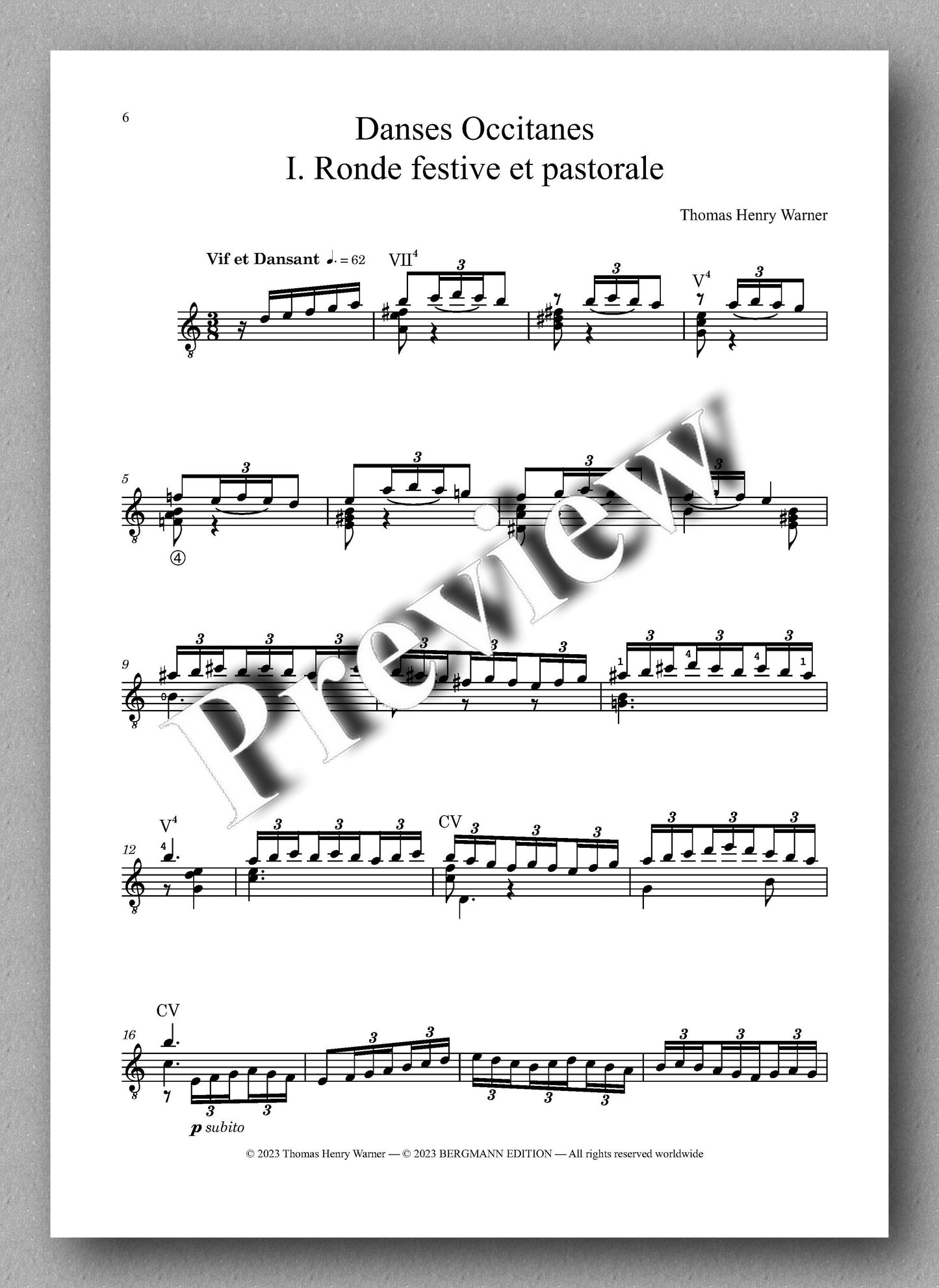 Danses Occitanes, by Thomas Henry Warner- preview of the music score 1