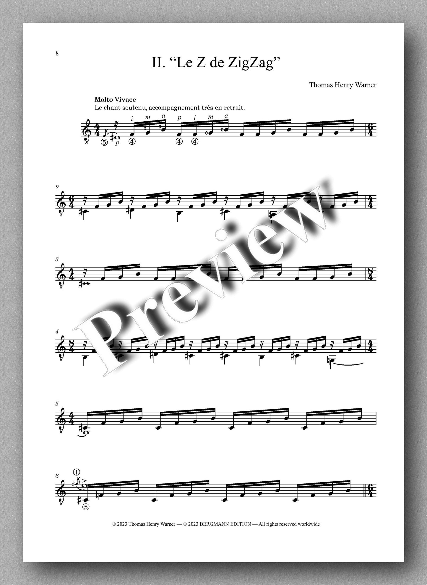 Trois pièces pour la guitare, by Thomas Henry Warner - preview of the music score 2