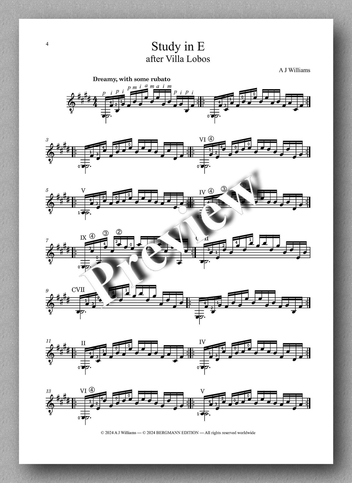 Andrew Williams, Study in E, after Villa Lobos - preview of the music score