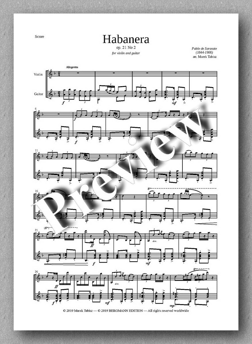 Habanera Op.21 No. 2 by Pablo de Sarasate. Preview of the music score